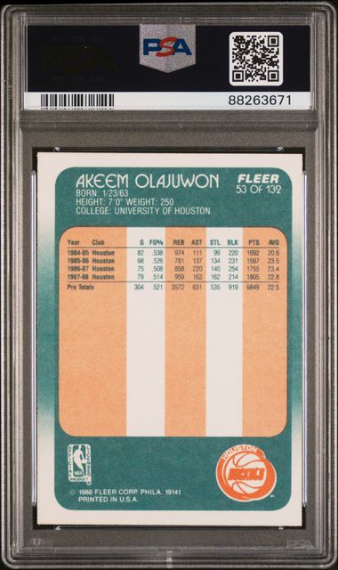 Graded 1988 Fleer Hakeem Akeem Olajuwon #53 Basketball Card PSA 9 Mint
