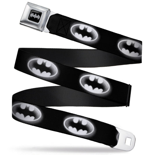Batman Black Silver Seatbelt Belt - Cloudy Bat Signal Black/White Webbing