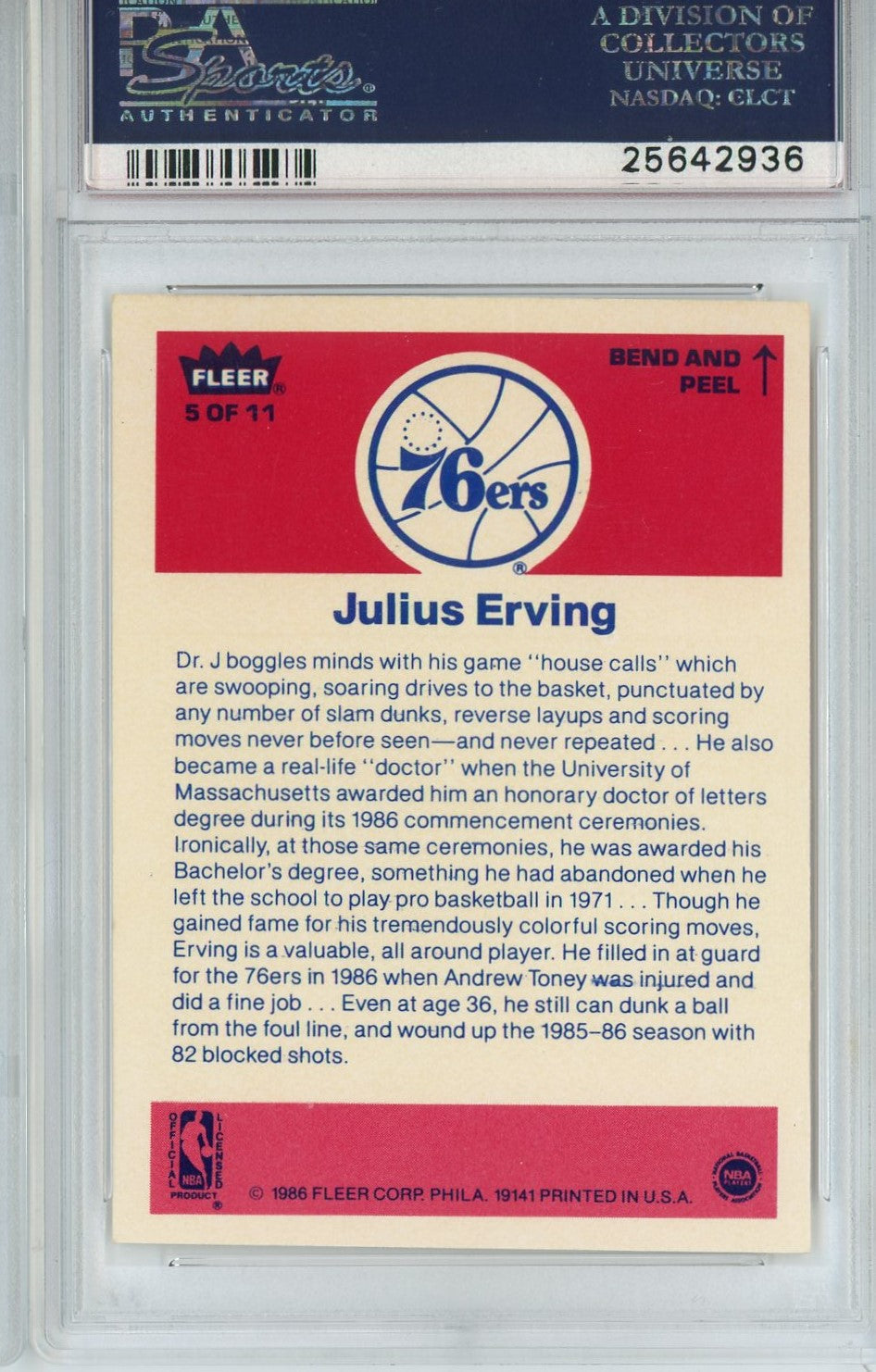 Graded 1986 Fleer Sticker Julius Erving #5 Basketball Card PSA 8 Near Mint
