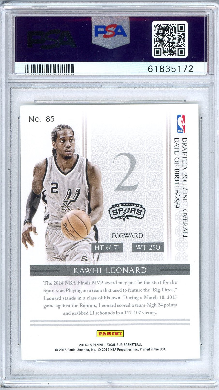 Graded 2014 Panini Excalibur Kawhi Leonard #85 Basketball Card PSA 10 Gem Mint
