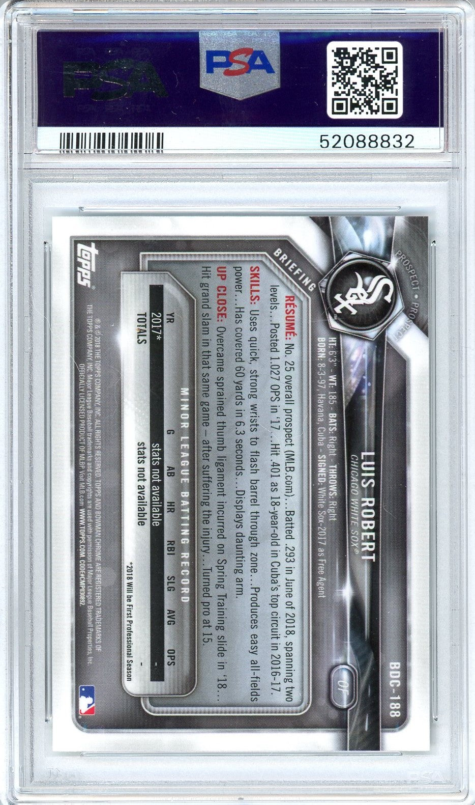 Graded 2018 Topps Bowman Draft Luis Robert #BDC188 Chrome Baseball Card PSA 10 Gem Mint