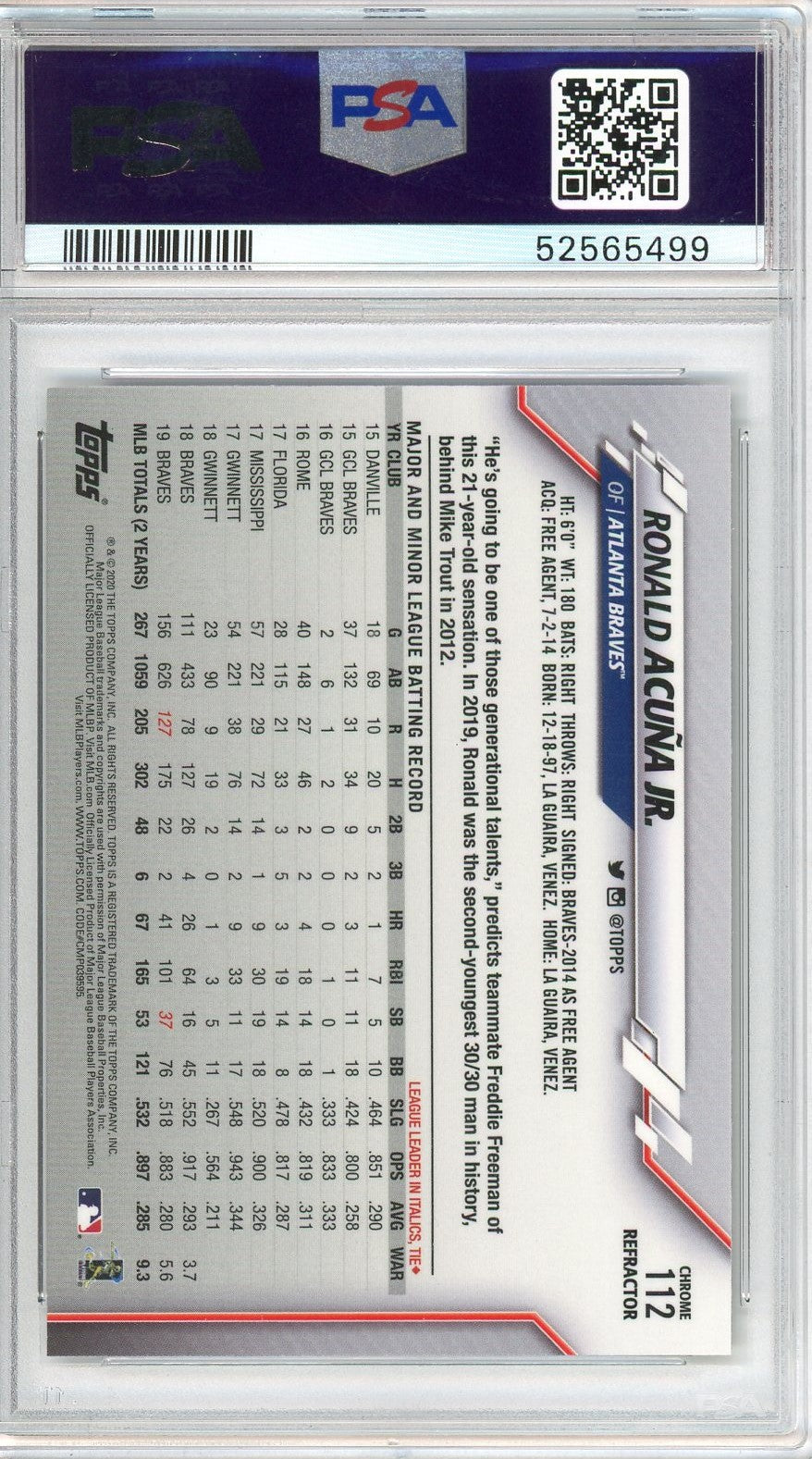 Graded 2020 Topps Chrome Ronald Acuna Jr. #112 Sepia Refractor Baseball Card PSA 10 Gem Mint