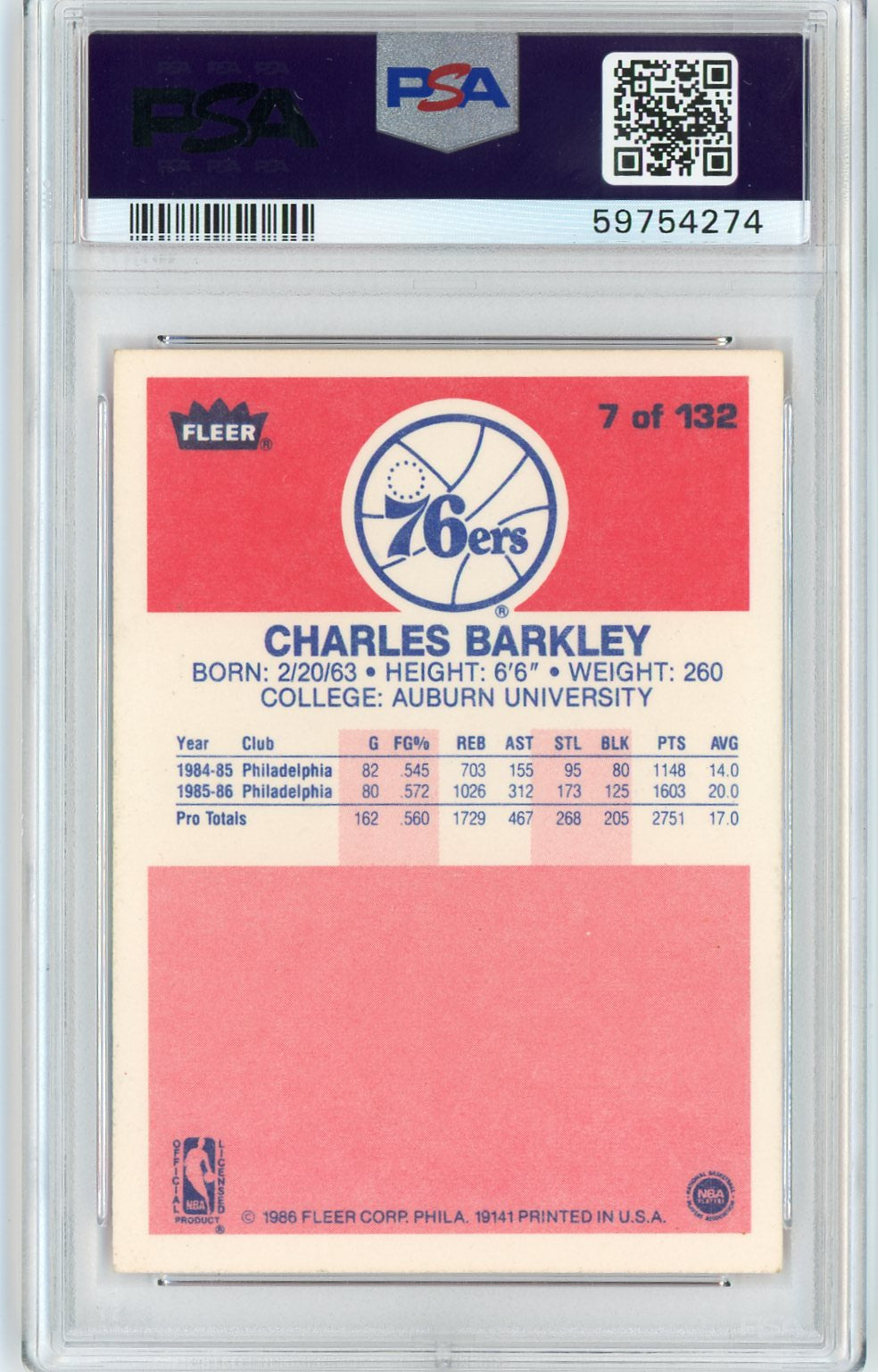 Graded 1986 Fleer Charles Barkley #7 Rookie RC Basketball Card PSA 6 EX-MT