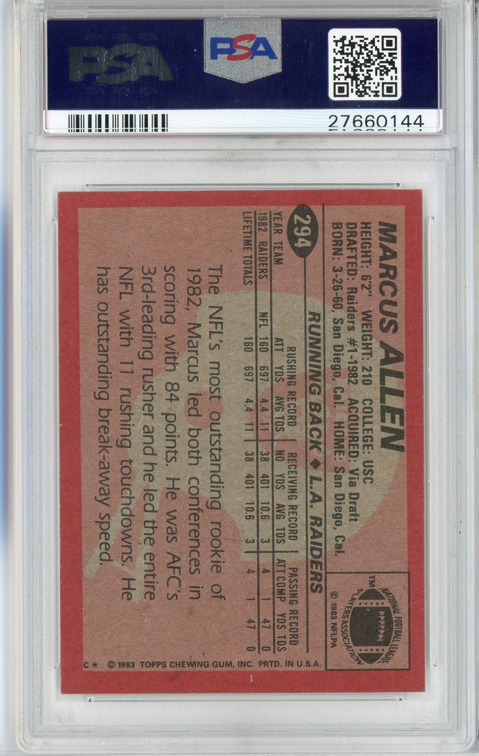 Graded 1983 Topps Marcus Allen #294 Rookie RC Football Card PSA 7 Near Mint