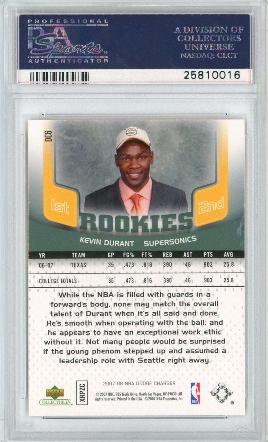 Graded 2007 Upper Deck Kevin Durant #DC6 NBA Dodge Charger Rookie RC Basketball Card PSA 10 Gem Mint