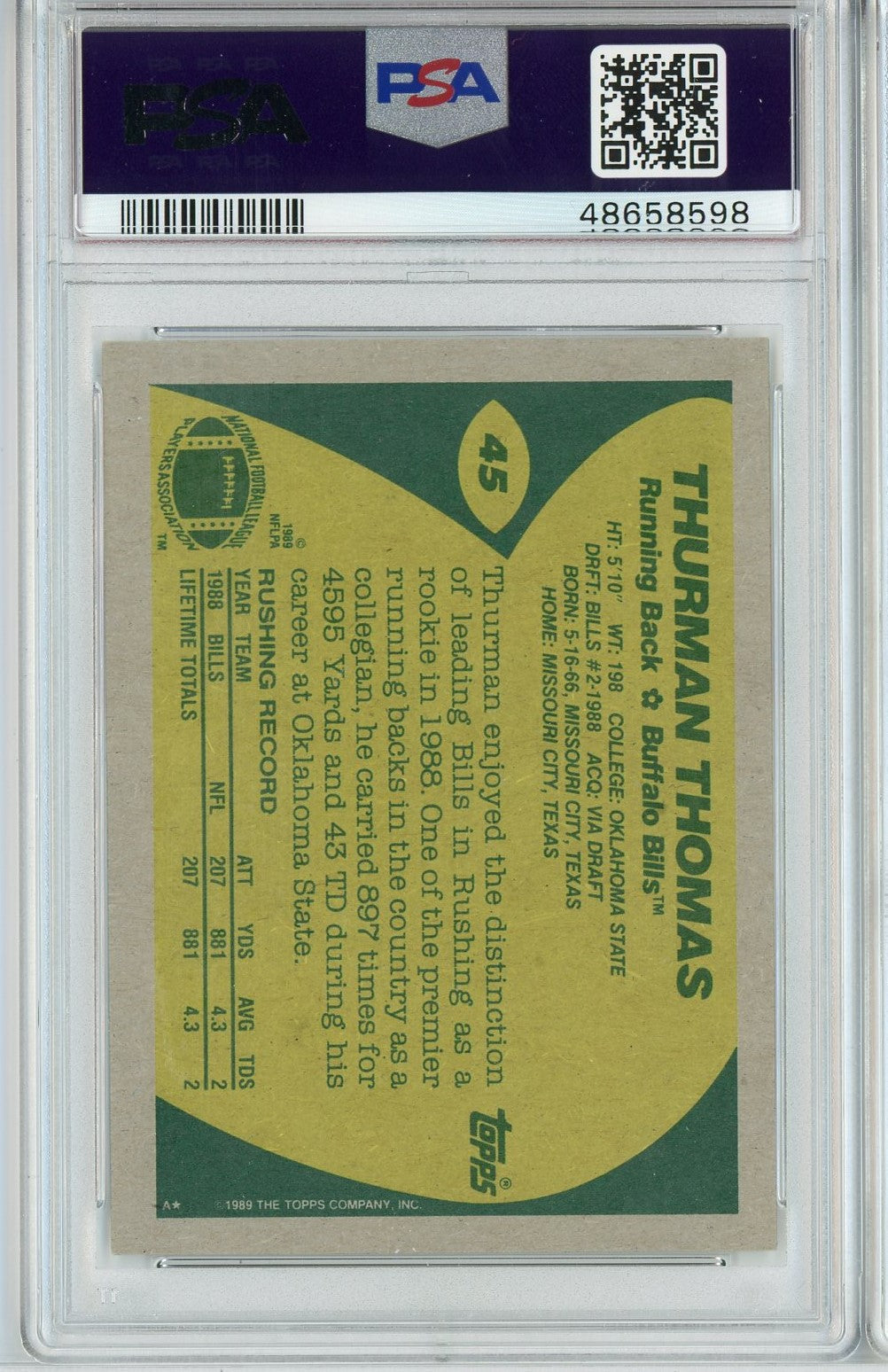 Graded 1989 Topps Thurman Thomas #45 Rookie RC Football Card PSA 9 Mint