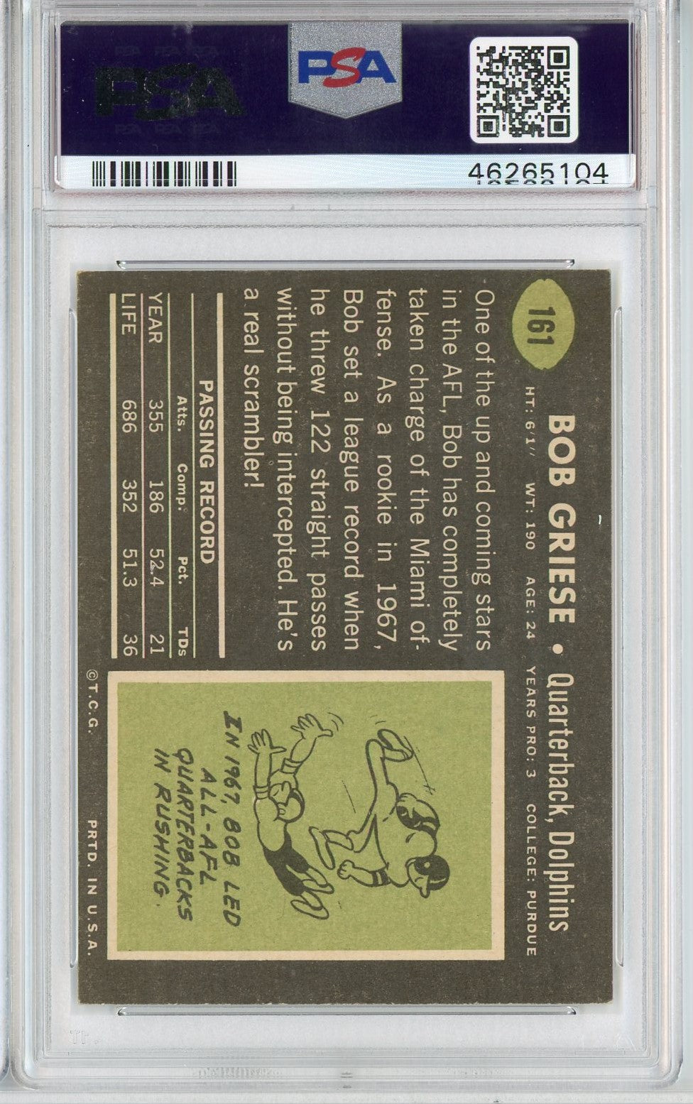 Graded 1969 Topps Bob Griese #161 Football Card PSA 8 NM-MT