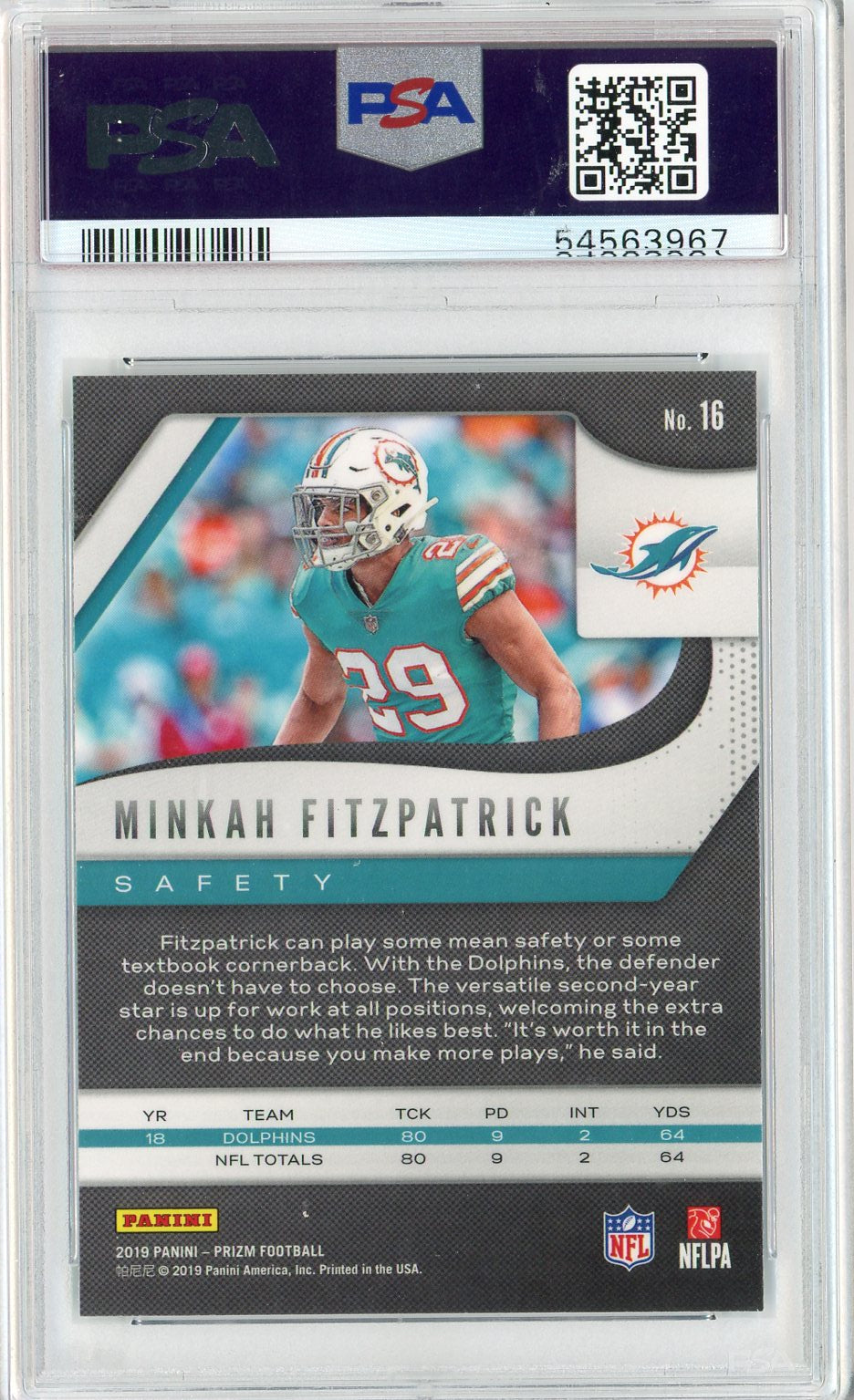 Graded 2019 Panini Prizm Minkah Fitzpatrick #16 Football Card PSA 10 Gem Mint