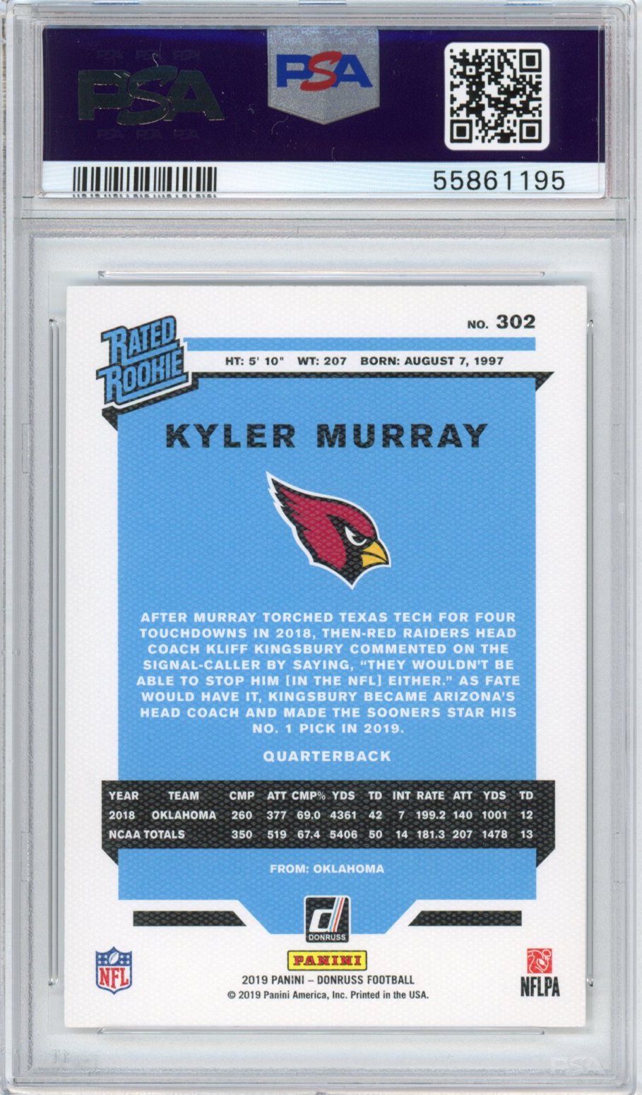 Graded 2019 Panini Donruss Kyler Murray #302 Canvas Rookie RC Football Card PSA 10 Gem Mint