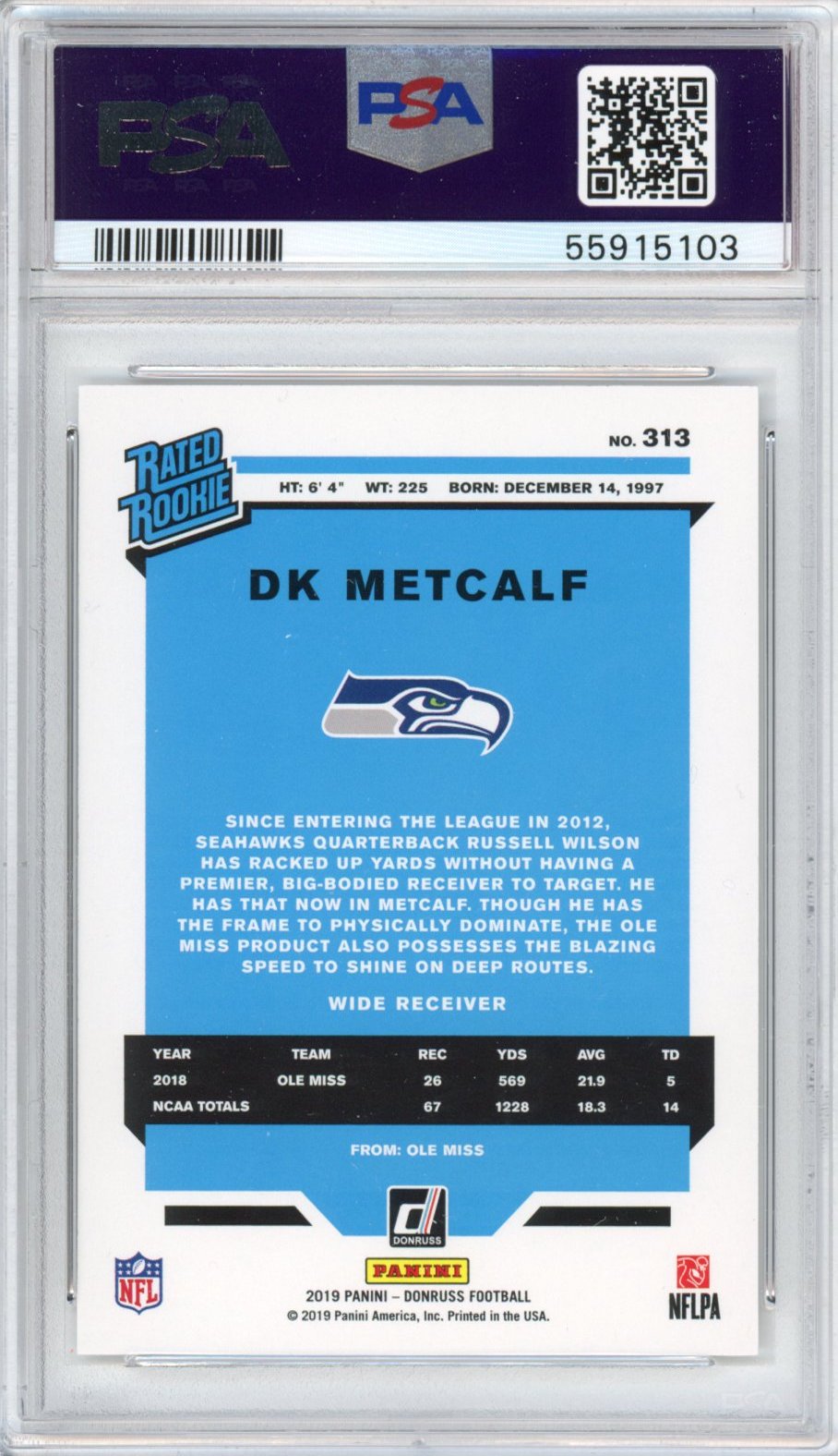 Graded 2019 Panini Donruss DK D.K. Metcalf #313 Rookie RC Football Card PSA 10 Gem Mint