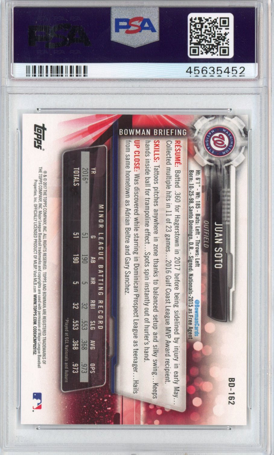 Graded 2017 Topps Bowman Draft Juan Soto #BD162 Rookie RC Baseball Card PSA 10 Gem Mint