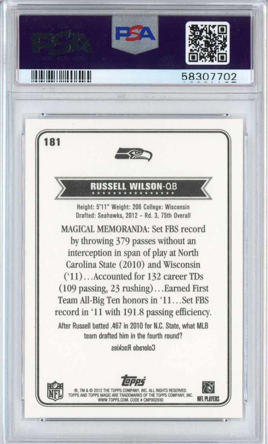Graded 2012 Topps Magic Russell Wilson #181 Rookie RC Football Card PSA 10 Gem Mint