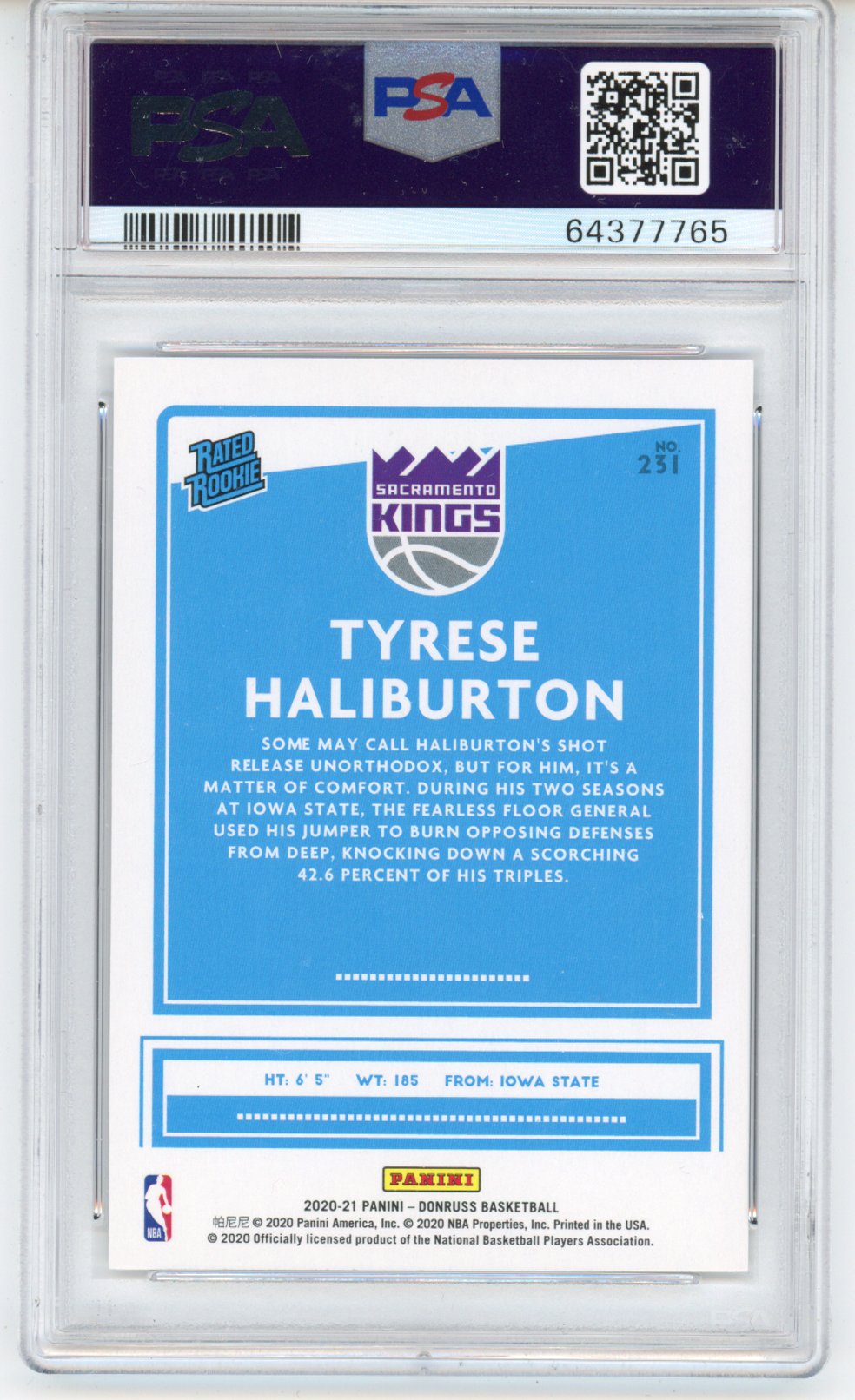 Graded 2020-21 Panini Donruss Tyrese Haliburton #231 Rookie RC Basketball Card PSA 10 Gem Mint