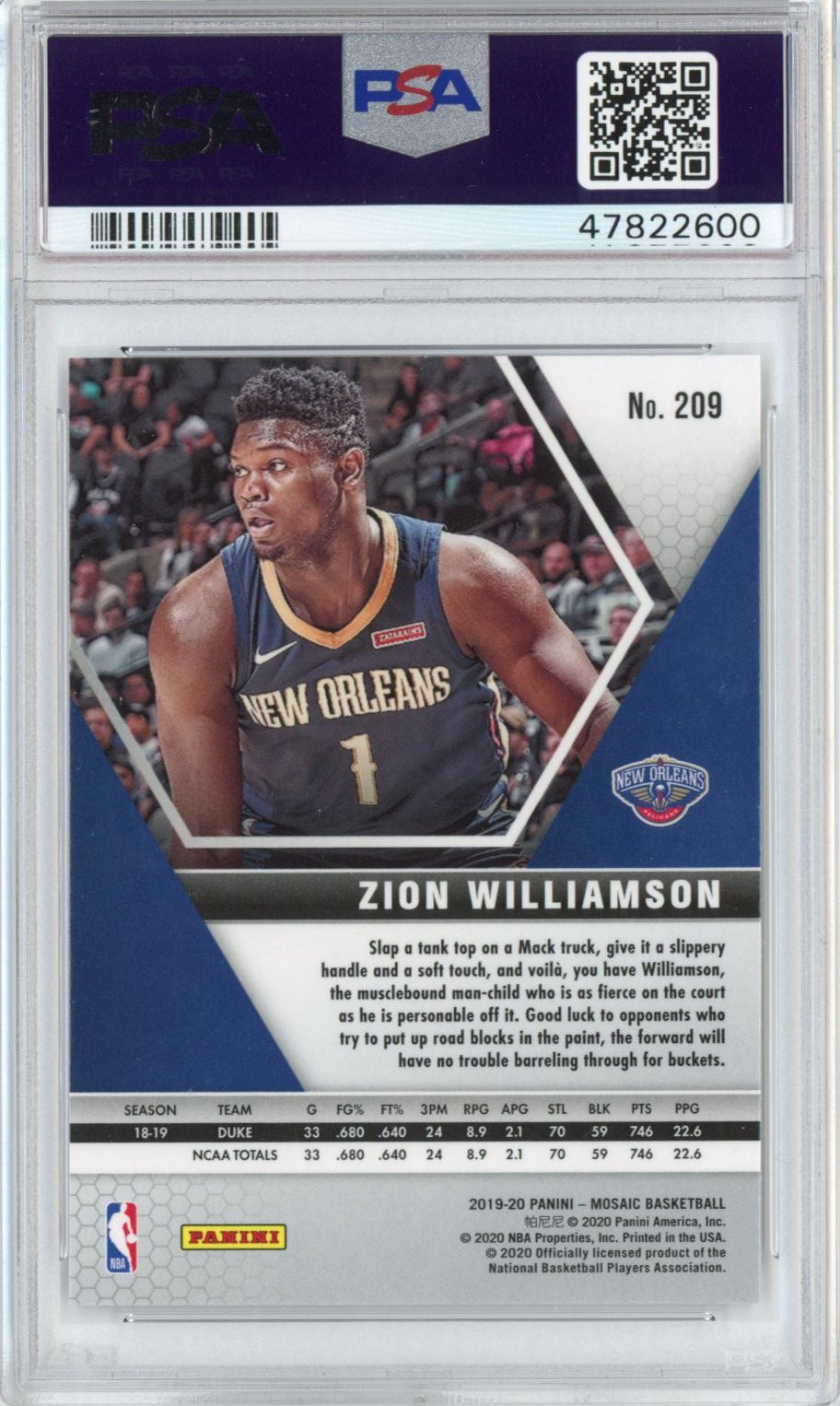 Graded 2019-20 Panini Mosaic Zion Williamson #209 Rookie RC Basketball Card PSA 10 Gem Mint