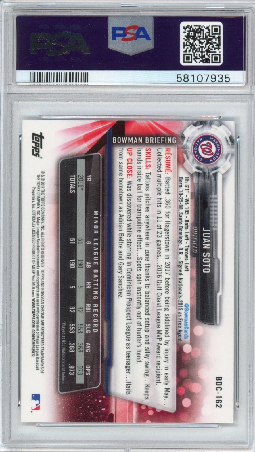Graded 2017 Bowman Draft Chrome Juan Soto #BDC162 Rookie RC Baseball Card PSA 10 Gem Mint