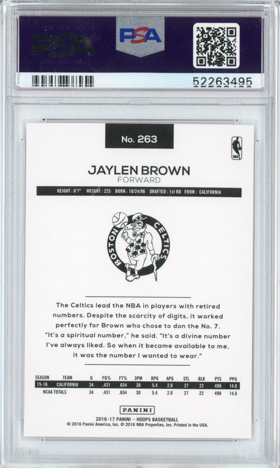 Graded 2016-17 Panini Hoops Jaylen Brown #263 Rookie RC Basketball Card PSA 10 Gem Mint
