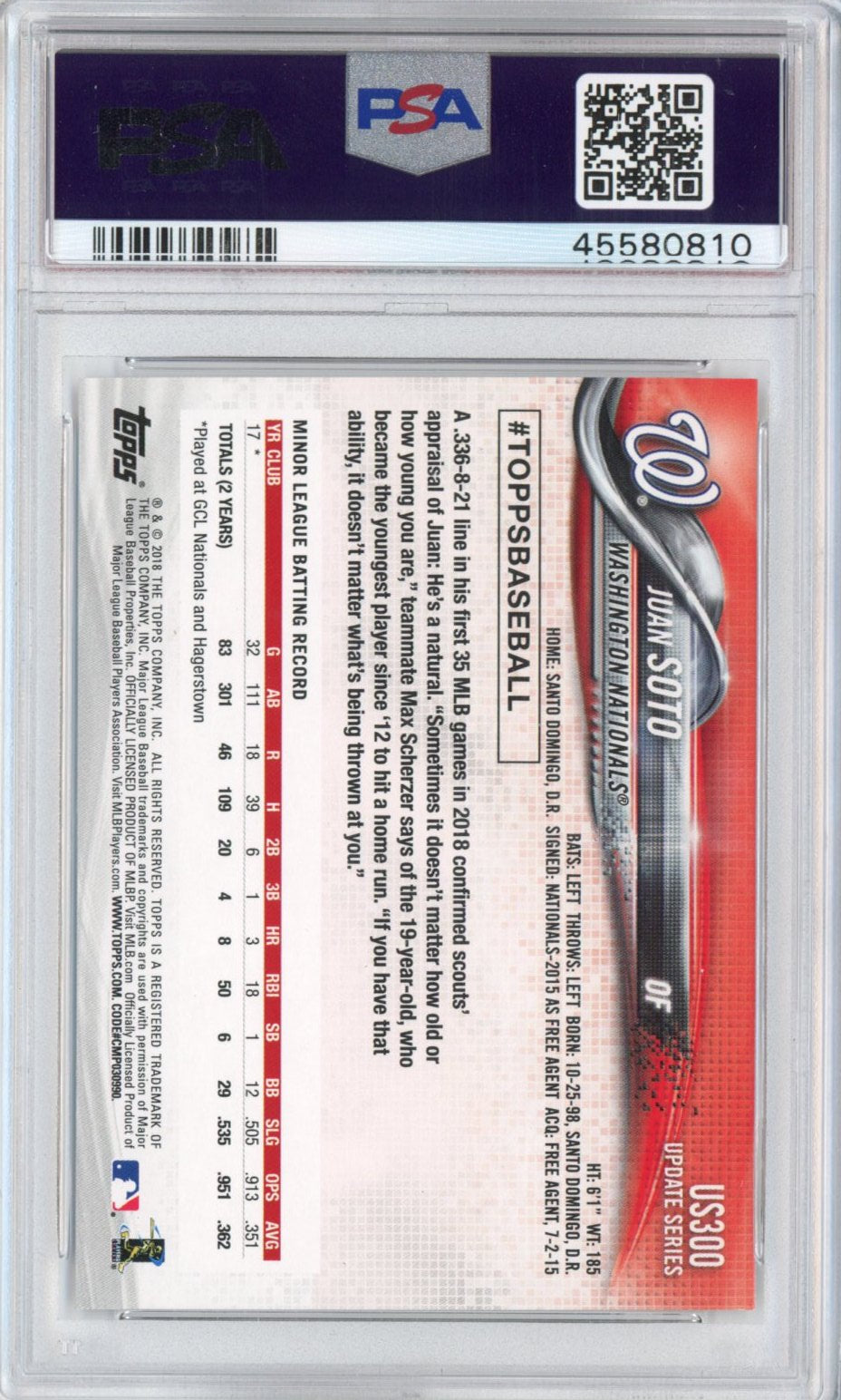 Graded 2018 Topps Update Juan Soto #US300 Batting Rookie RC Baseball Card PSA 10 Gem Mint