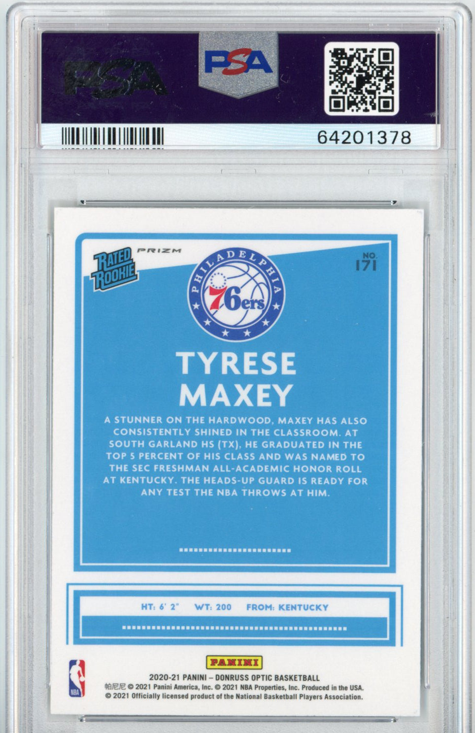 Graded 2020-21 Panini Donruss Optic Tyrese Maxey #171 Fanatics Box Set Rookie RC Basketball Card PSA 10 Gem Mint