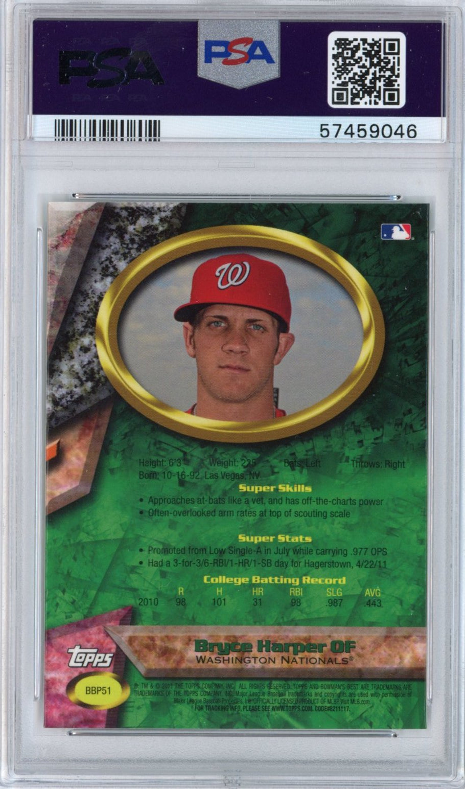 Graded 2011 Topps Bowmans Best Bryce Harper #BBP51 Prospects Rookie RC Baseball Card PSA 10 Gem Mint
