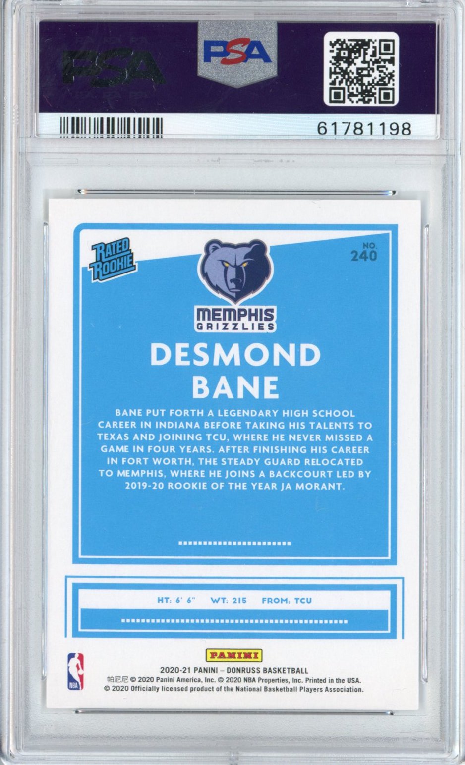 Graded 2020-21 Panini Donruss Desmond Bane #240 Rookie RC Basketball Card PSA 10 Gem Mint