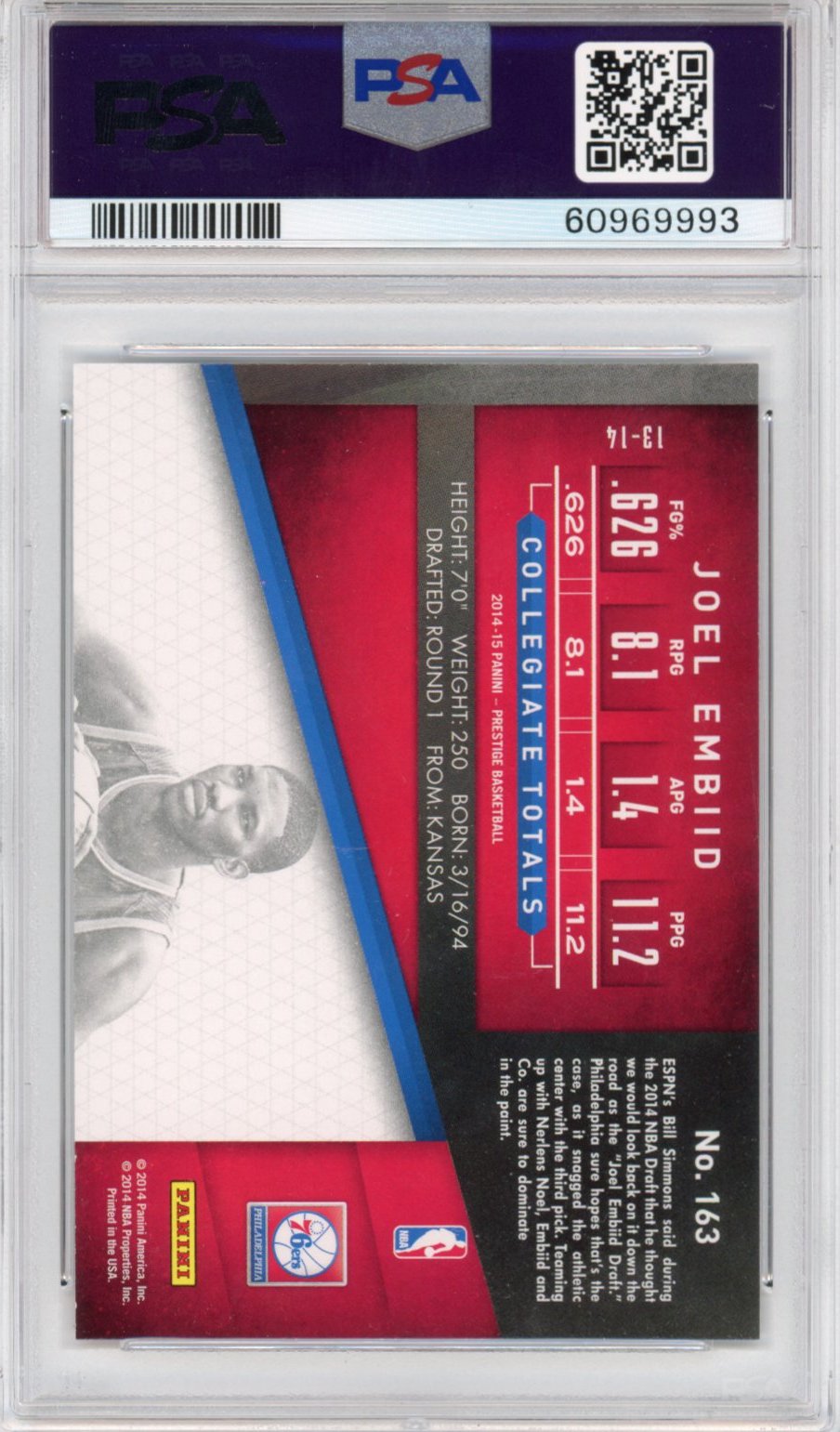 Graded 2014-15 Panini Prestige Joel Embiid #163 Rookie RC Basketball Card PSA 10 Gem Mint