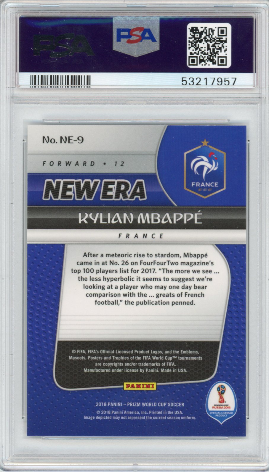 Graded 2018 Panini Prizm Kylian Mbappe #NE-9 World Cup New Era Rookie RC Soccer Card PSA 10 Gem Mint