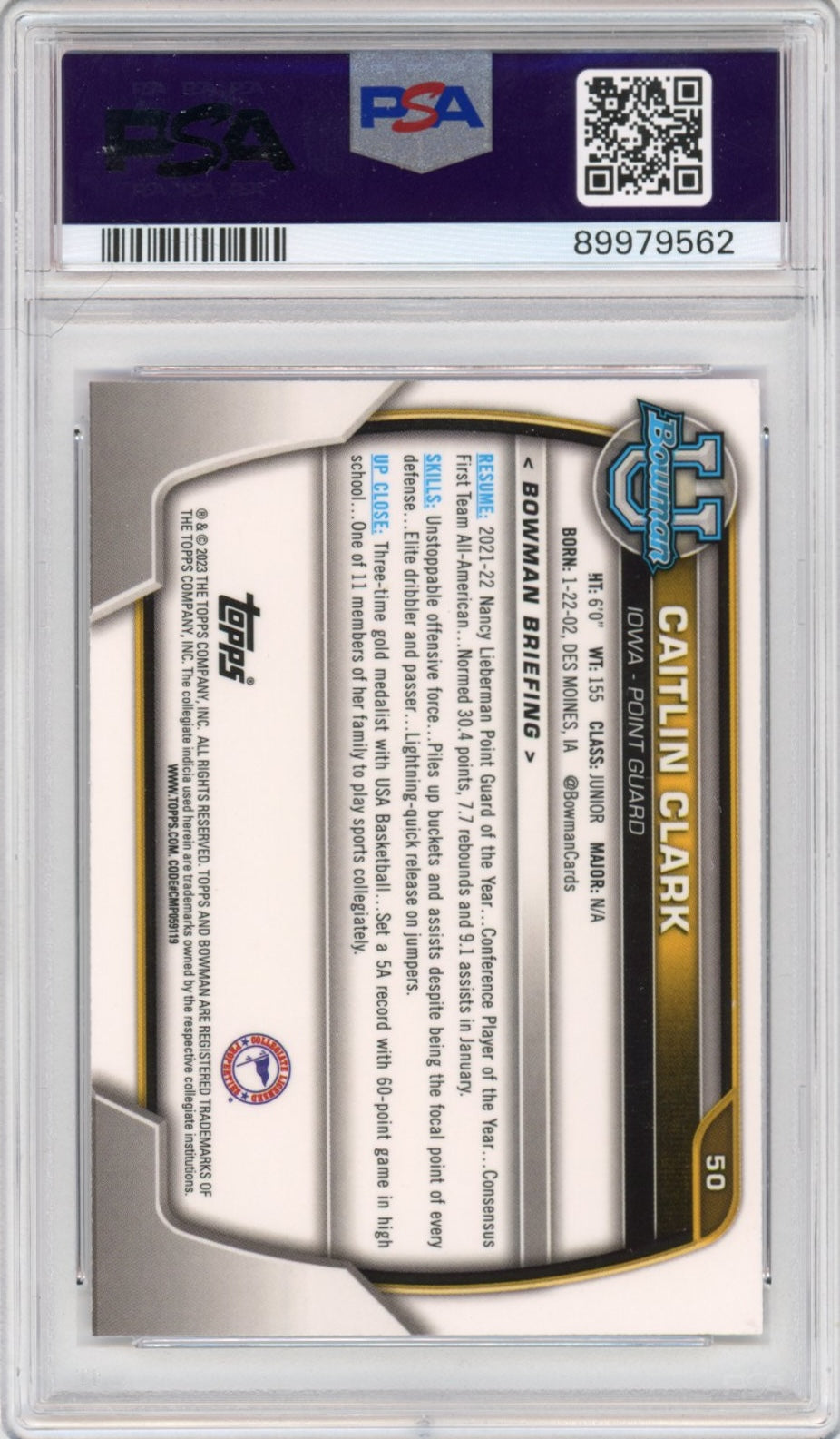 Graded 2022 Topps Bowman University Caitlin Clark #50 Pink Refractor Rookie RC Basketball Card PSA 9 Mint