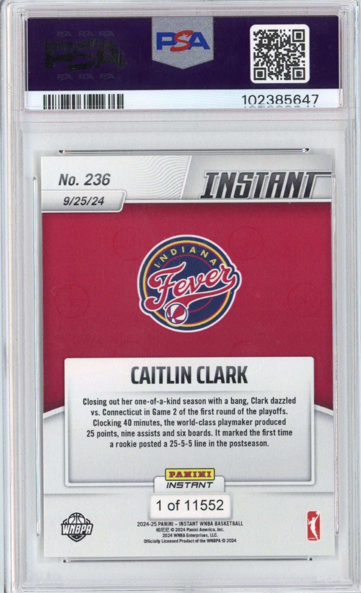 Graded 2024 Panini Instant WNBA Caitlin Clark #236 Rookie RC Basketball Card PSA 9 Mint