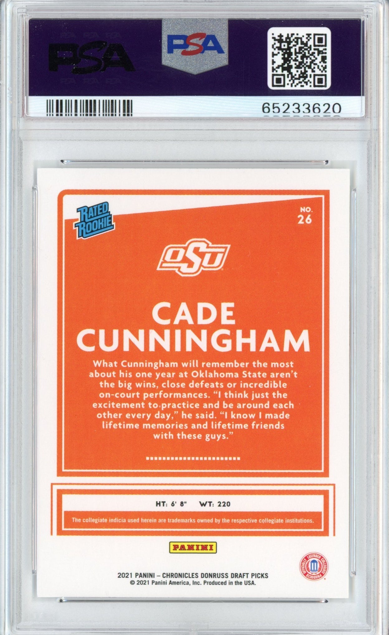 Graded 2021 Panini Chronicles Draft Picks Cade Cunningham #26 Orange Rookie RC Basketball Card PSA 10 Gem Mint