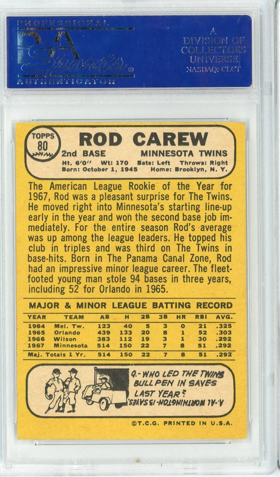 Graded 1968 Topps Rod Carew #80 2nd Year Rookie Cup Baseball Card PSA 6 EX-MT