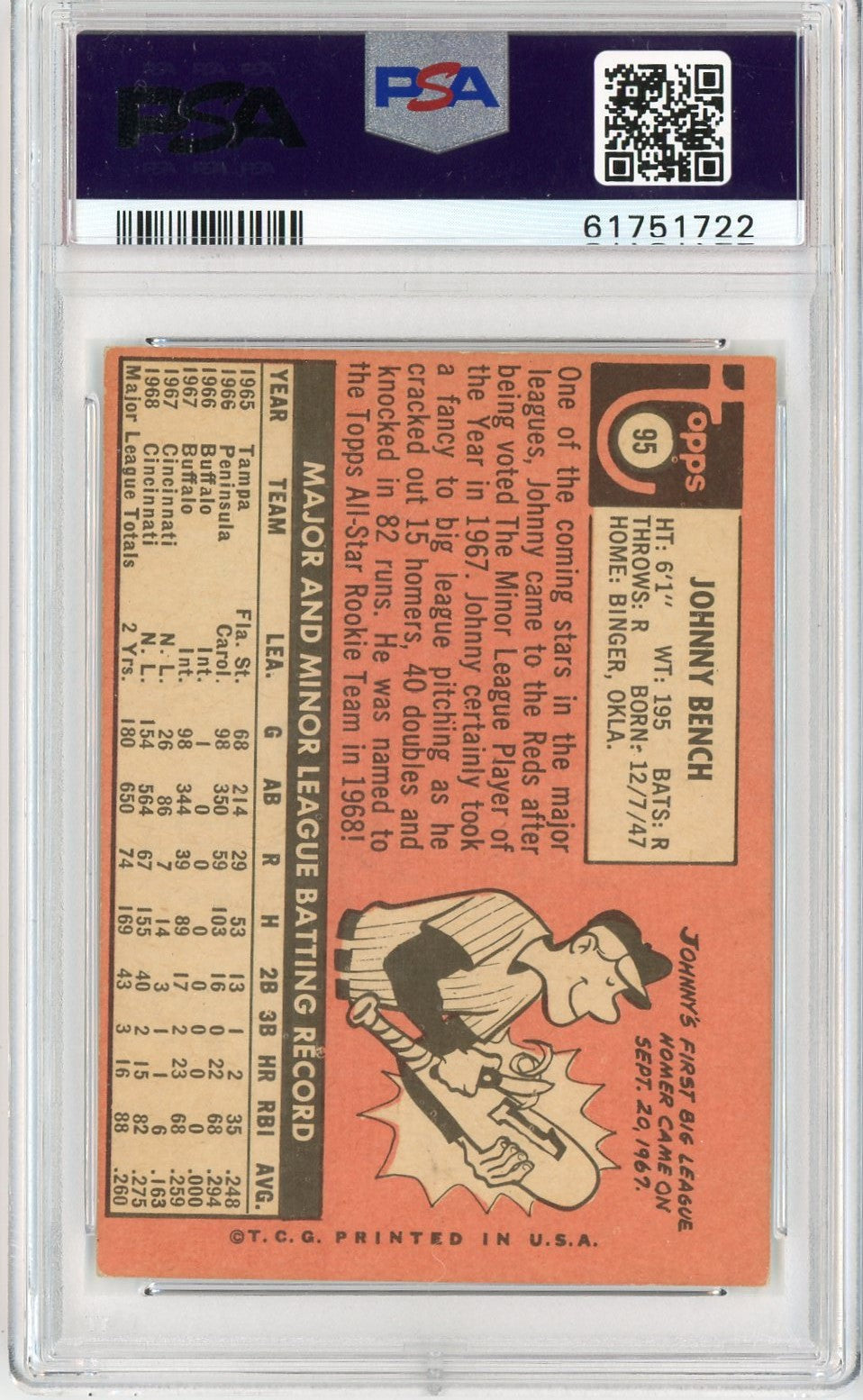 Graded 1969 Topps Johnny Bench #95 All-Star Rookie Cup RC Baseball Card PSA 4 VG-EX