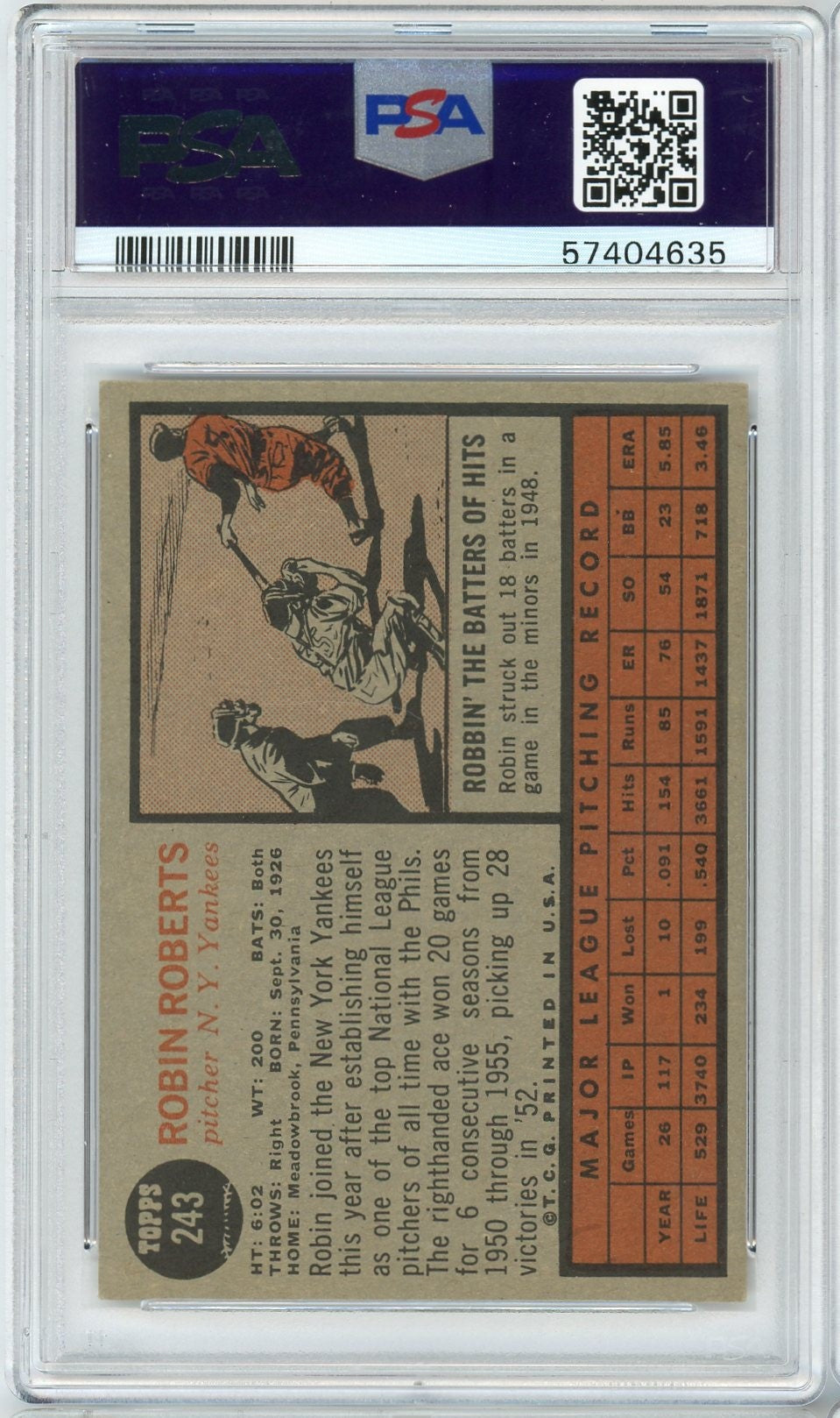 Graded 1962 Topps Robin Roberts #243 Baseball Card PSA 4 VG-EX