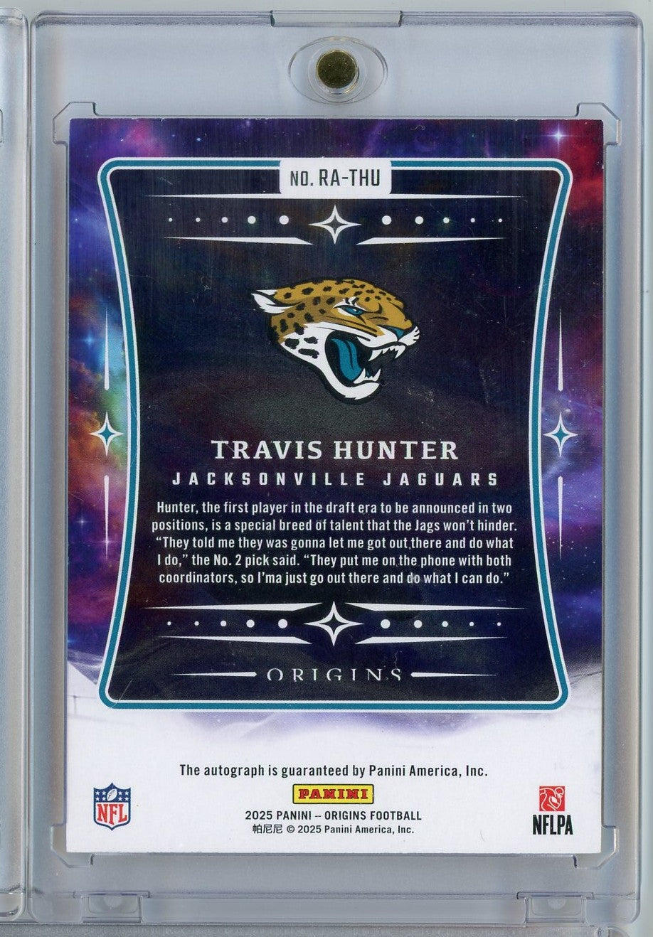 2025 Panini Origins Travis Hunter #RA-THU 02/10 Gold Auto Rookie RC Football Card