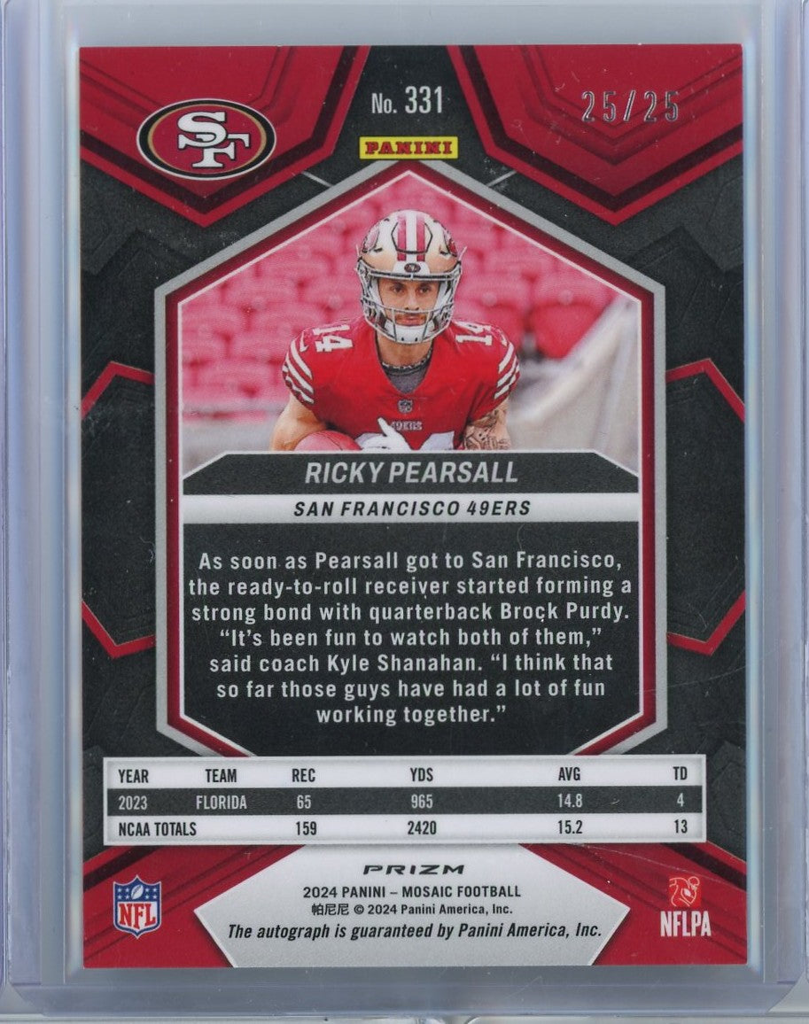 2024 Panini Mosaic Ricky Pearsall #331 25/25 Green Auto Rookie RC Football Card