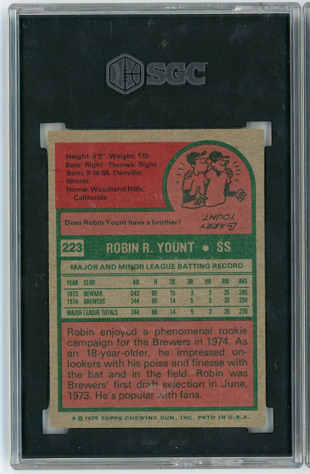 Graded 1975 Topps Robin Yount #ROBIN Rookie RC Baseball Card SGC 7.5 Near Mint+