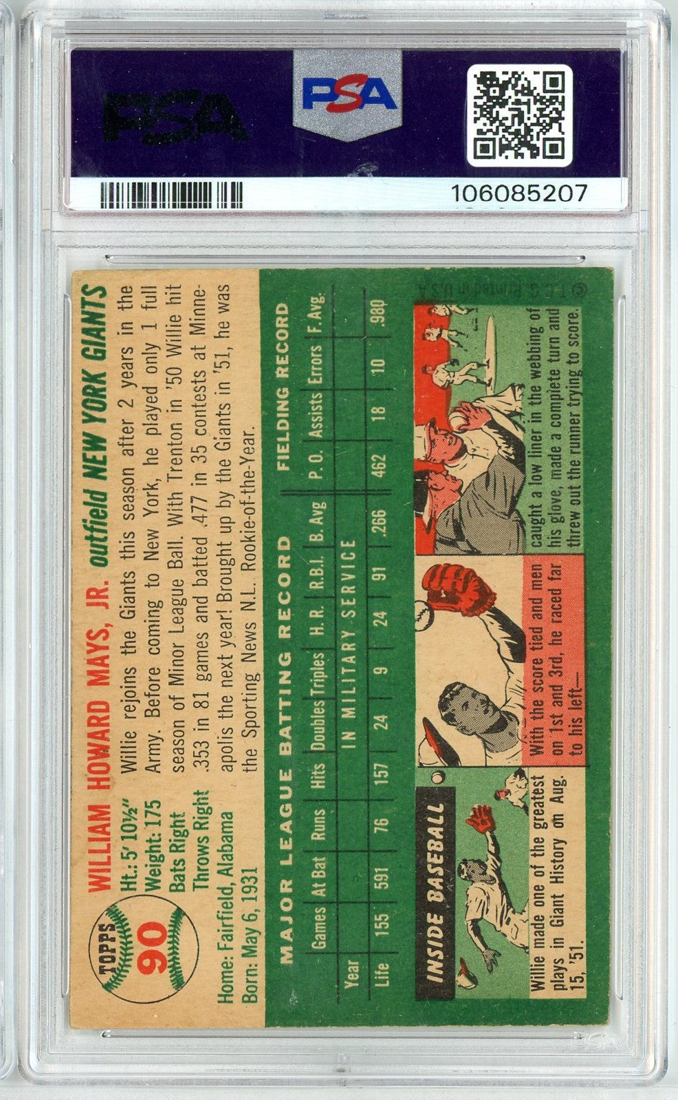 Graded 1954 Topps Willie Mays #90 Baseball Card PSA 3 Very Good