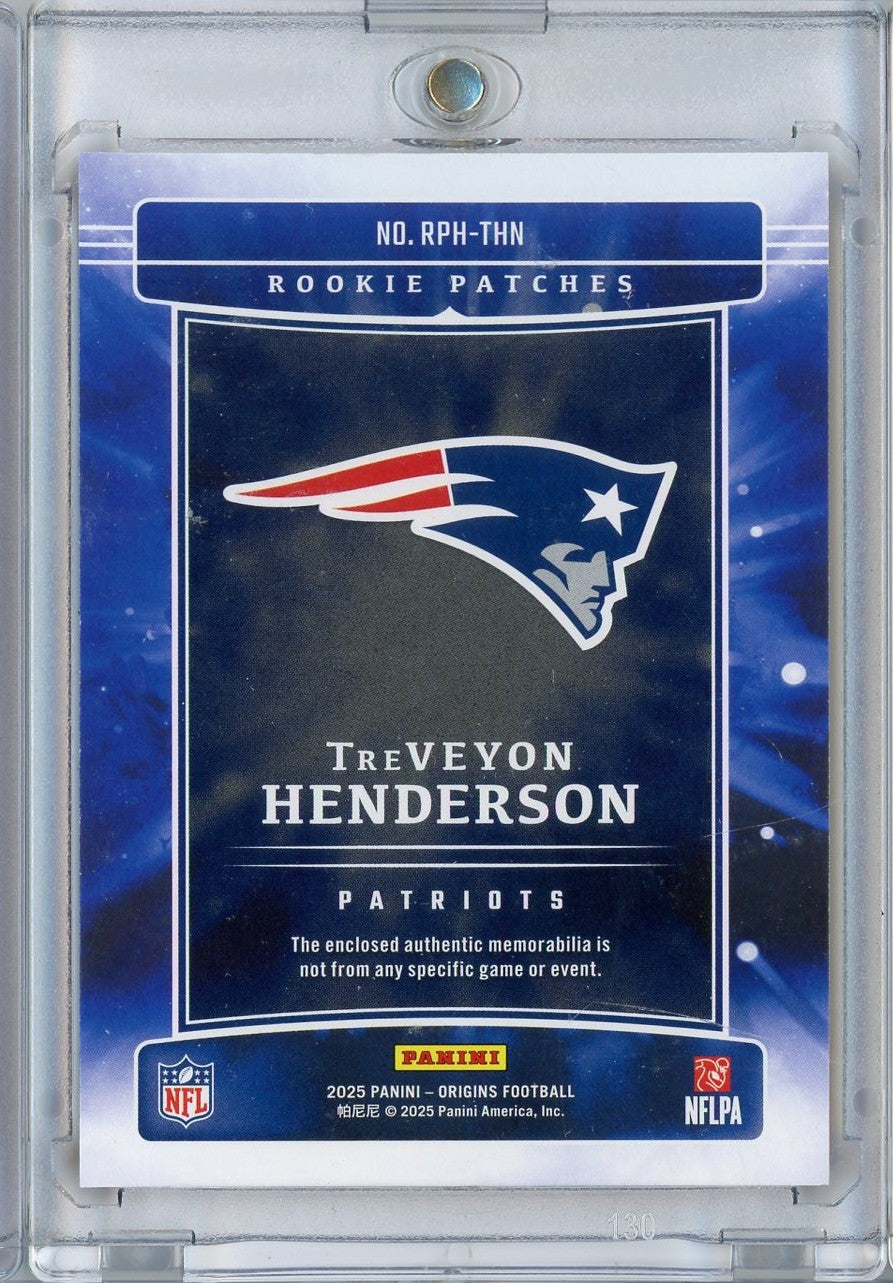 2025 Panini Origins TreVeyon Henderson #RPH-THN Rookie Patches Relic 01/75 New England Patriots Rookie RC Football Card