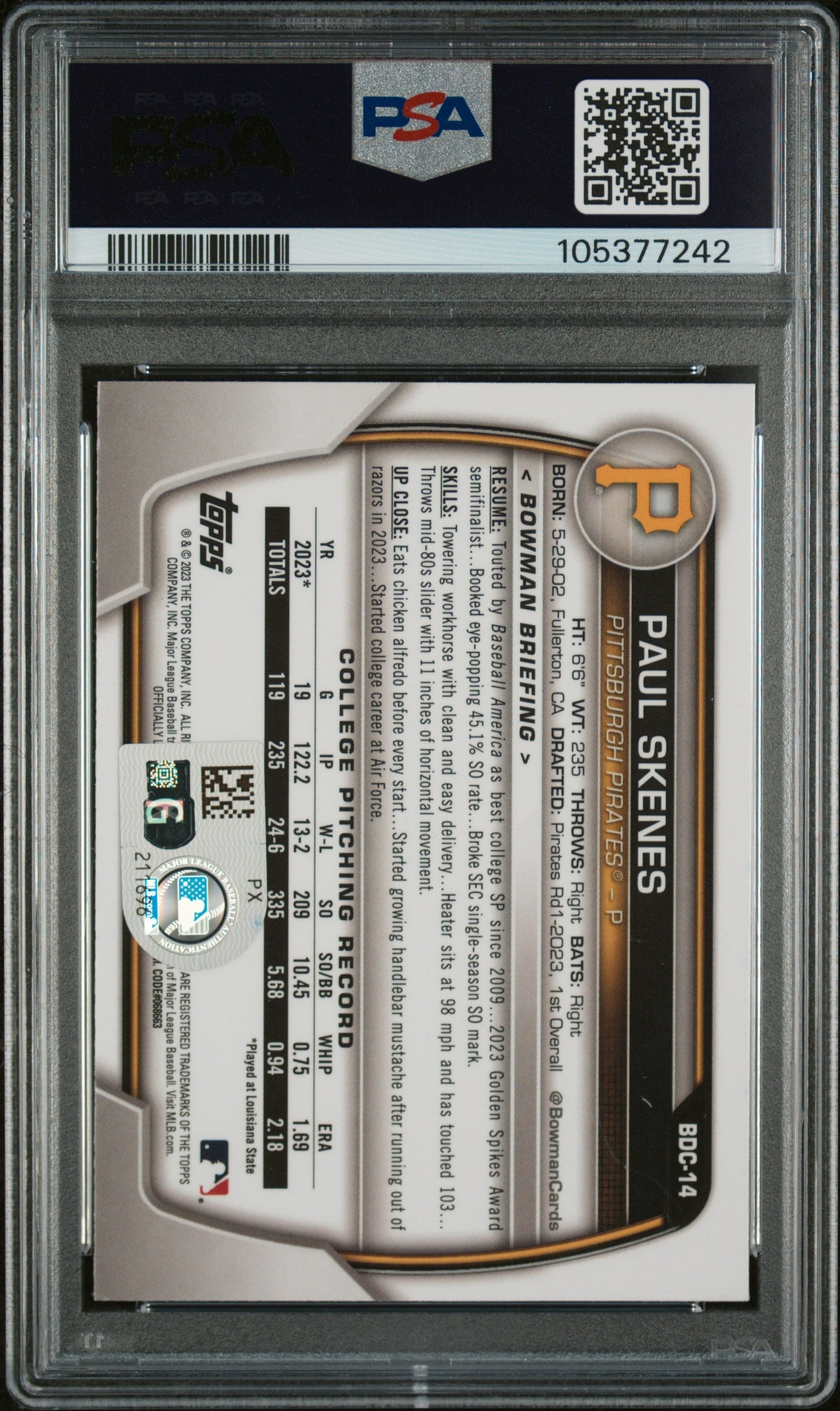 Graded 2023 Topps Bowman Draft Paul Skenes #BDC14 Chrome Rookie RC Baseball Card PSA Authentic Auto