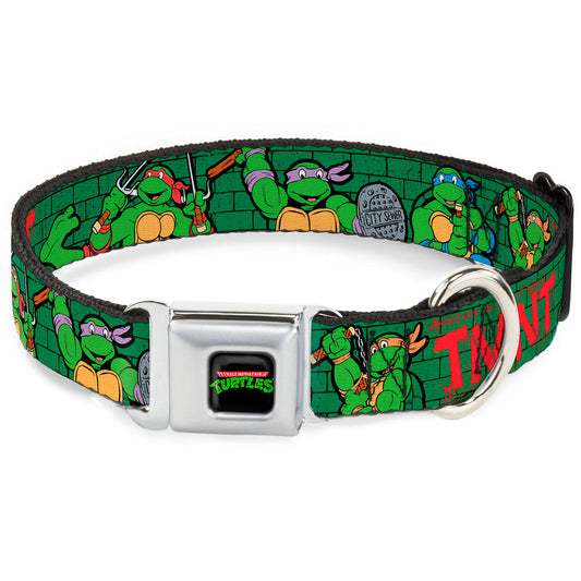 Classic TEENAGE MUTANT NINJA TURTLES Logo Seatbelt Buckle Collar - Classic Teenage Mutant Ninja Turtles Group Pose2/TMNT Green Brick Wall