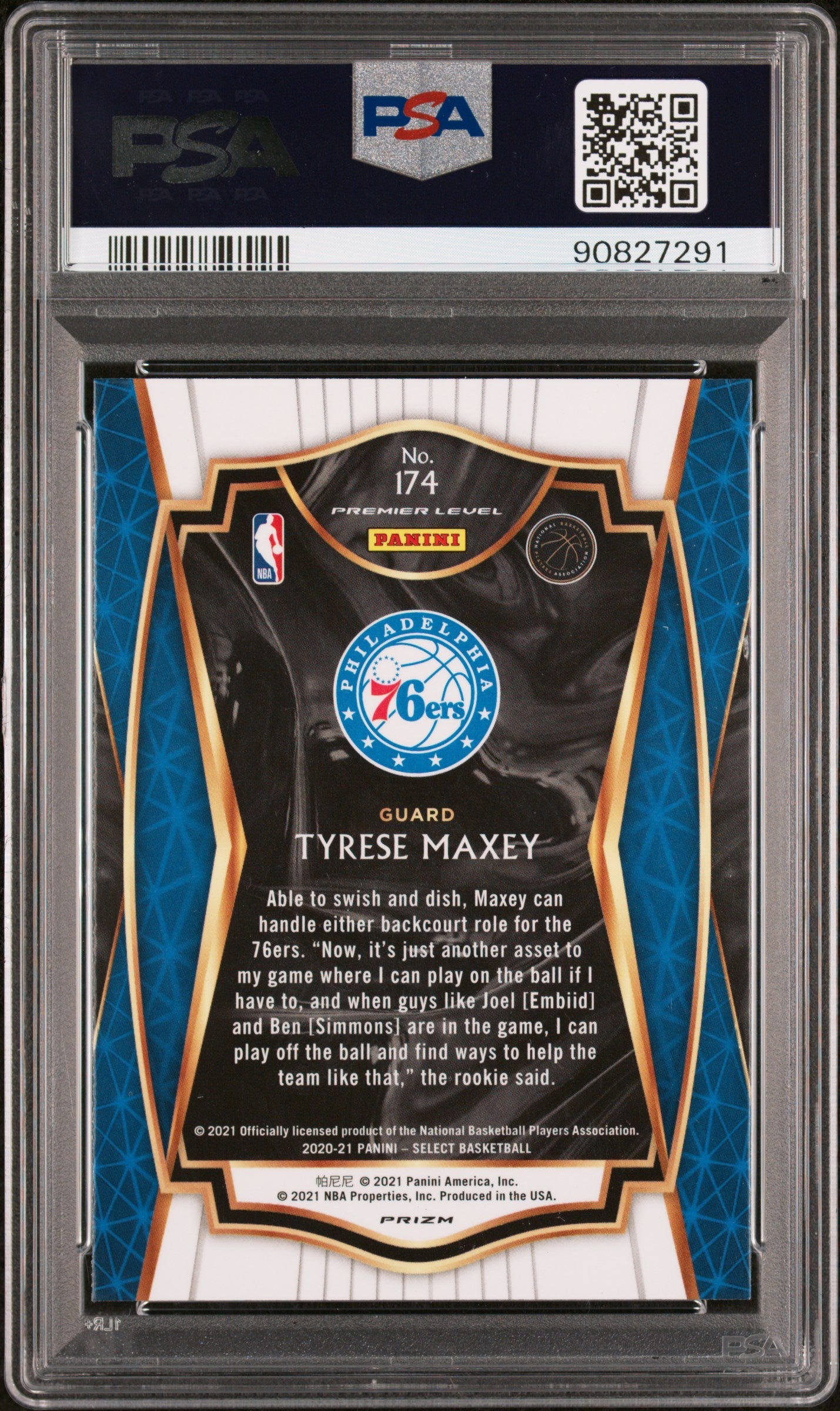 Graded 2020 Panini Select Tyrese Maxey #174 Blue Prizm Rookie RC Basketball Card PSA 10 Gem Mint