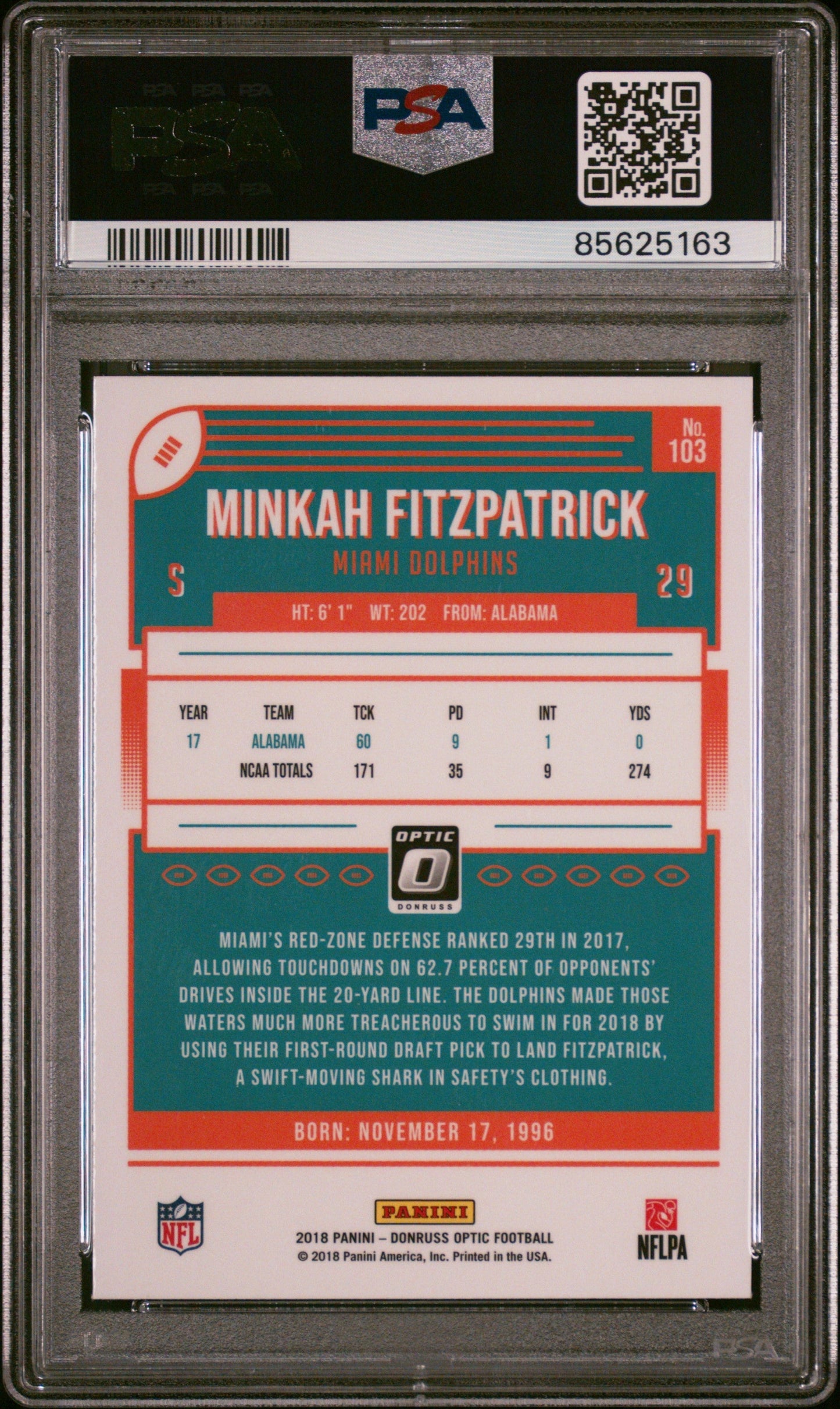 Graded 2018 Panini Donruss Optic Minkah Fitzpatrick #103 Rookie RC Football Card PSA 10 Gem Mint