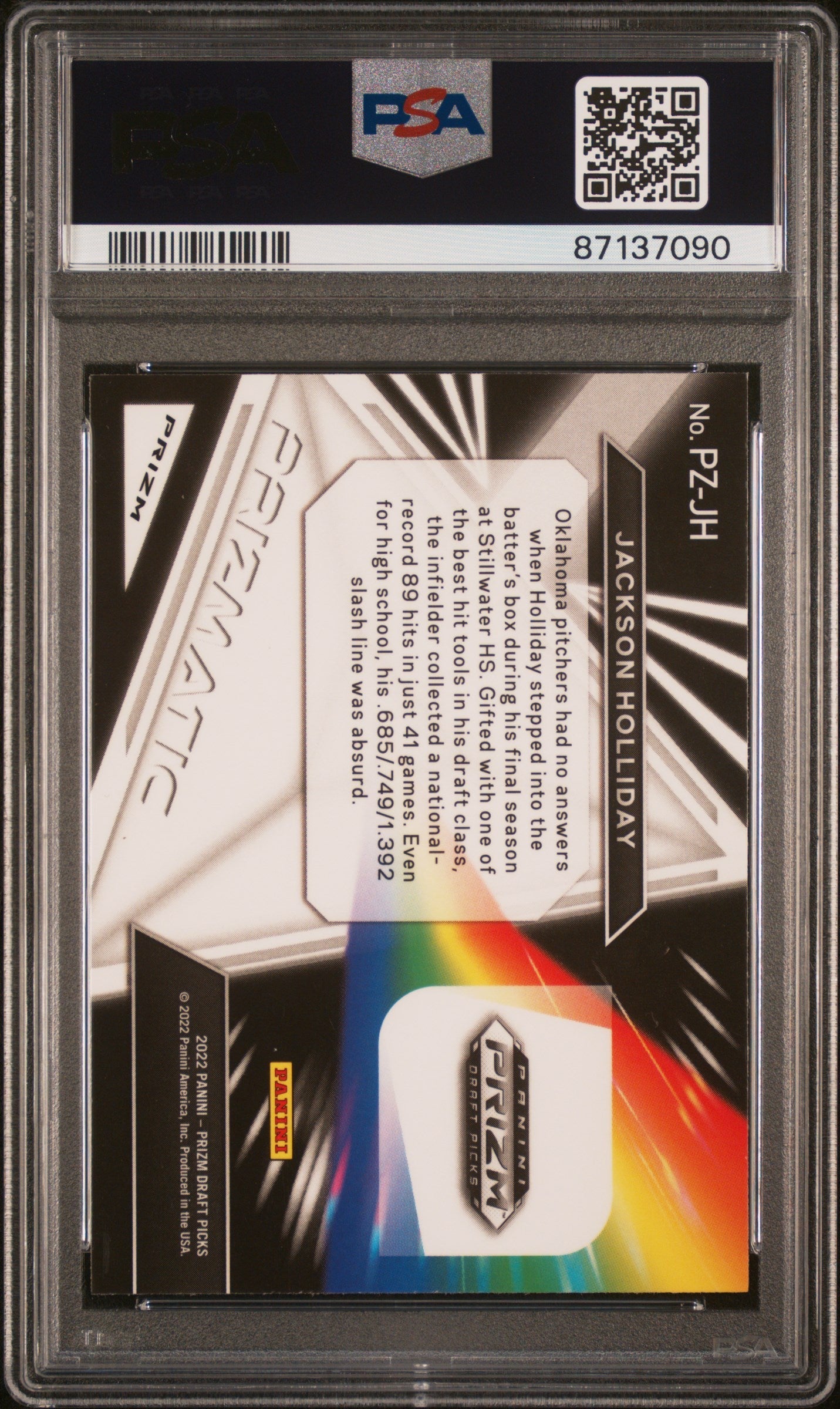 Graded 2022 Panini Prizm Draft Picks Jackson Holliday #PZJH Prizmatic Silver Prizm Rookie RC Baseball Card PSA 10 Gem Mint - Golden Apple Comics
