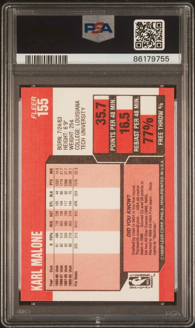 Graded 1989 Fleer Karl Malone #155 Basketball Card PSA 10 Gem Mint