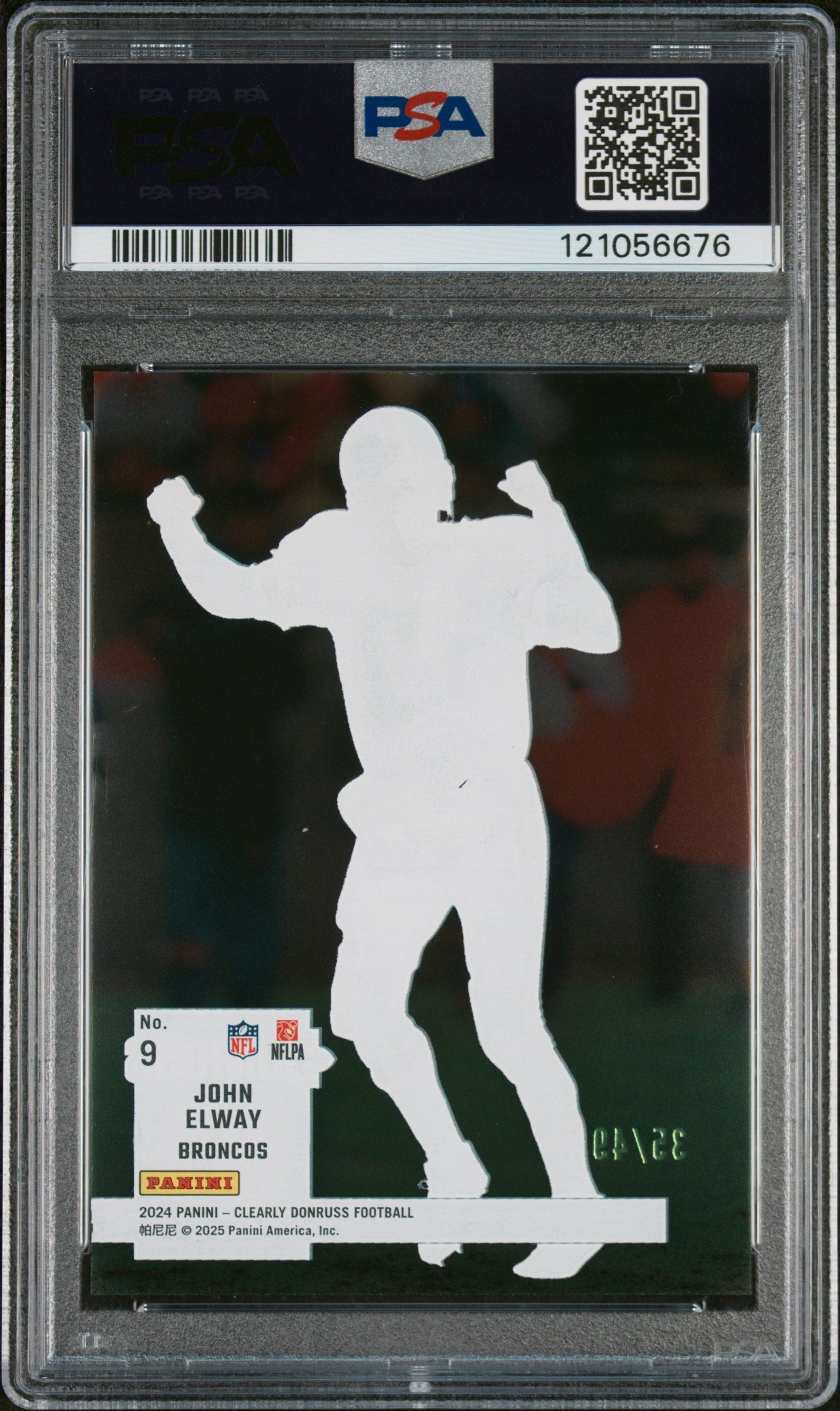 Graded 2024 Panini Clearly Donruss John Elway #9 Clearly Retro 1994 Blue /49 Football Card PSA 10 Gem Mint