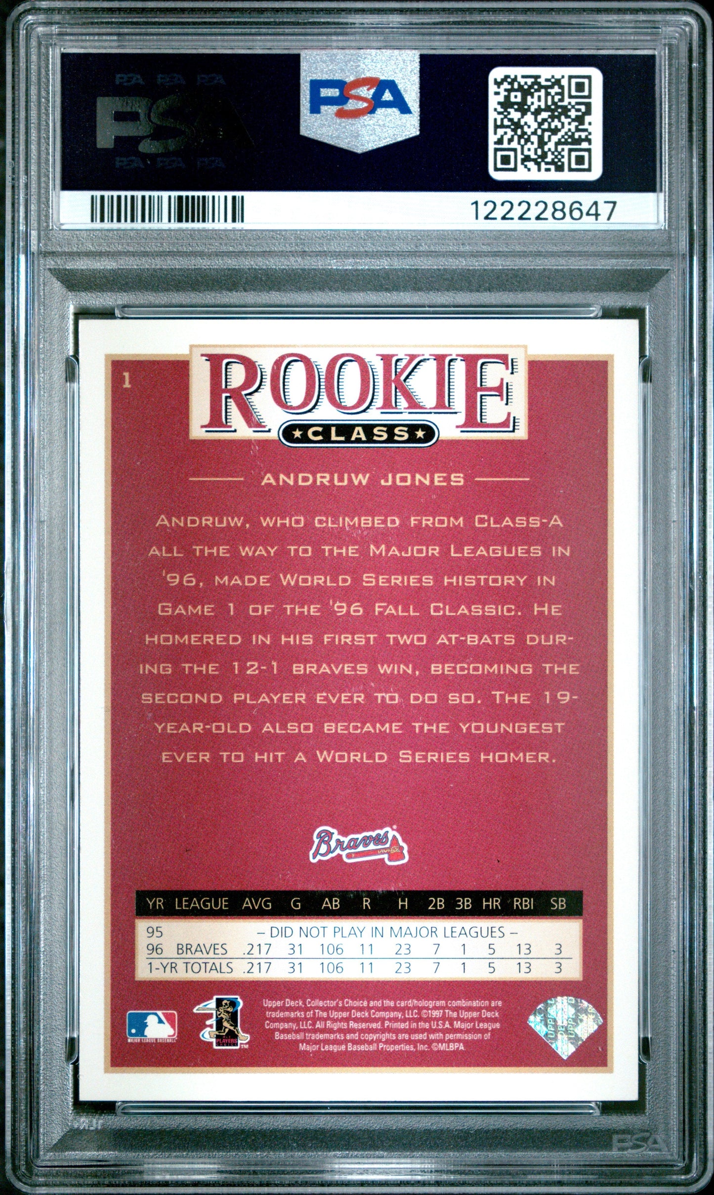 Graded 1997 Upper Deck Collectors Choice Andruw Jones #1 Rookie RC Baseball Card PSA 9 Mint