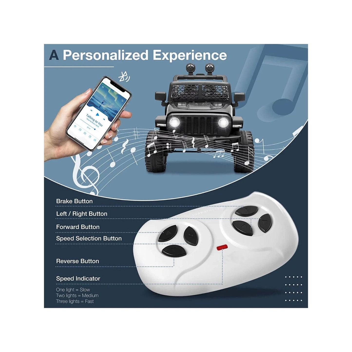 Premium 12V Electric Ride-On Jeep with LED Lights, MP3 Player, Remote Control, and 3 Speed Options