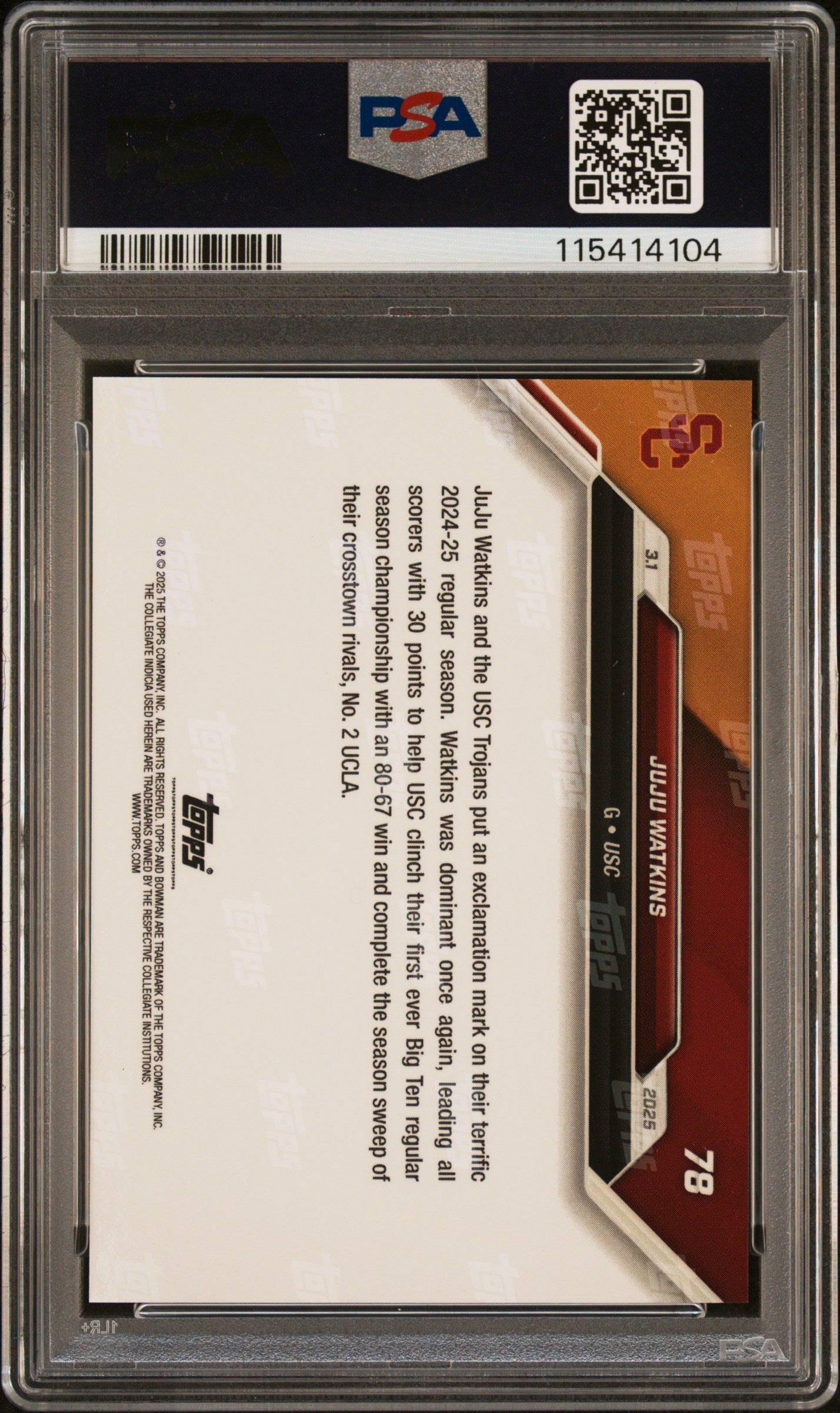 Graded 2024 Topps Bowman U Now JuJu Watkins #78 Rookie RC Basketball Card PSA 9 Mint