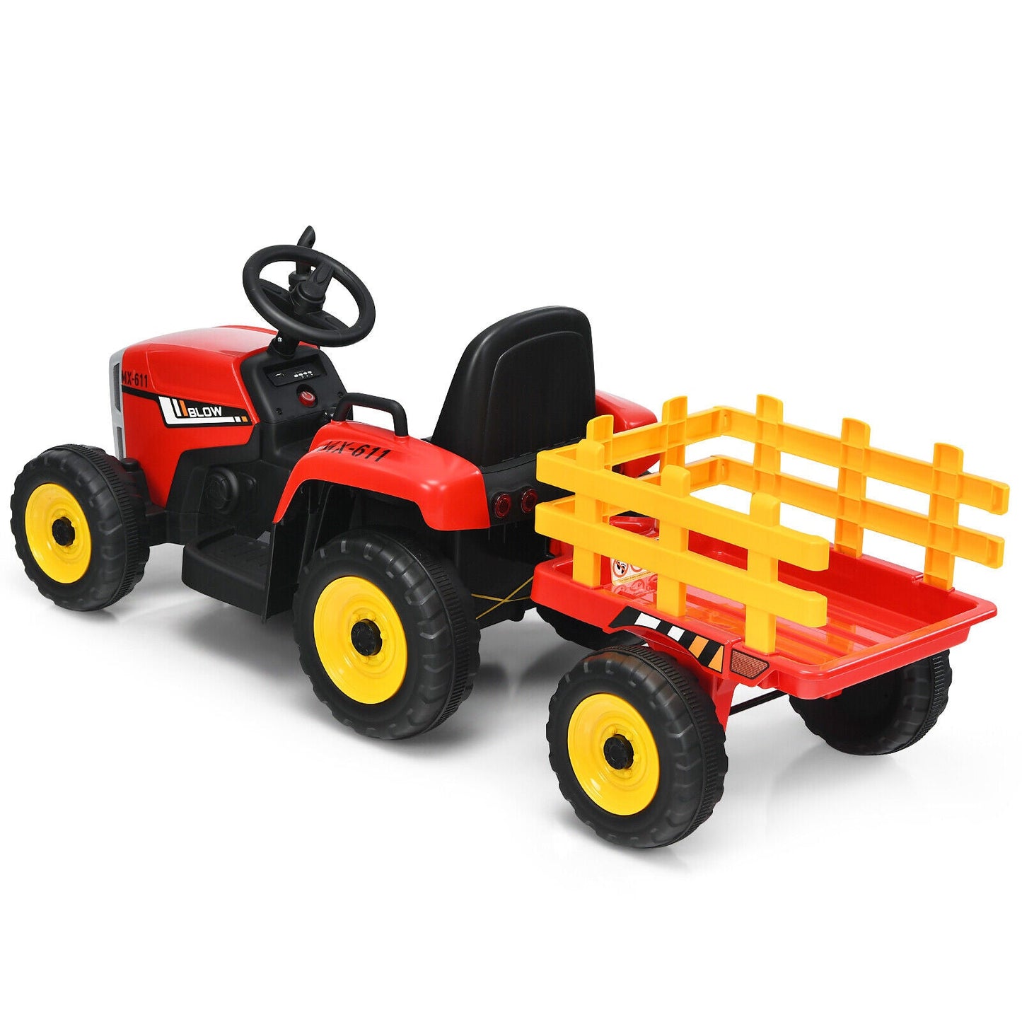 Red 12V Kids Ride On Tractor with Trailer and Remote Control - Featuring Ground Loader and Lights