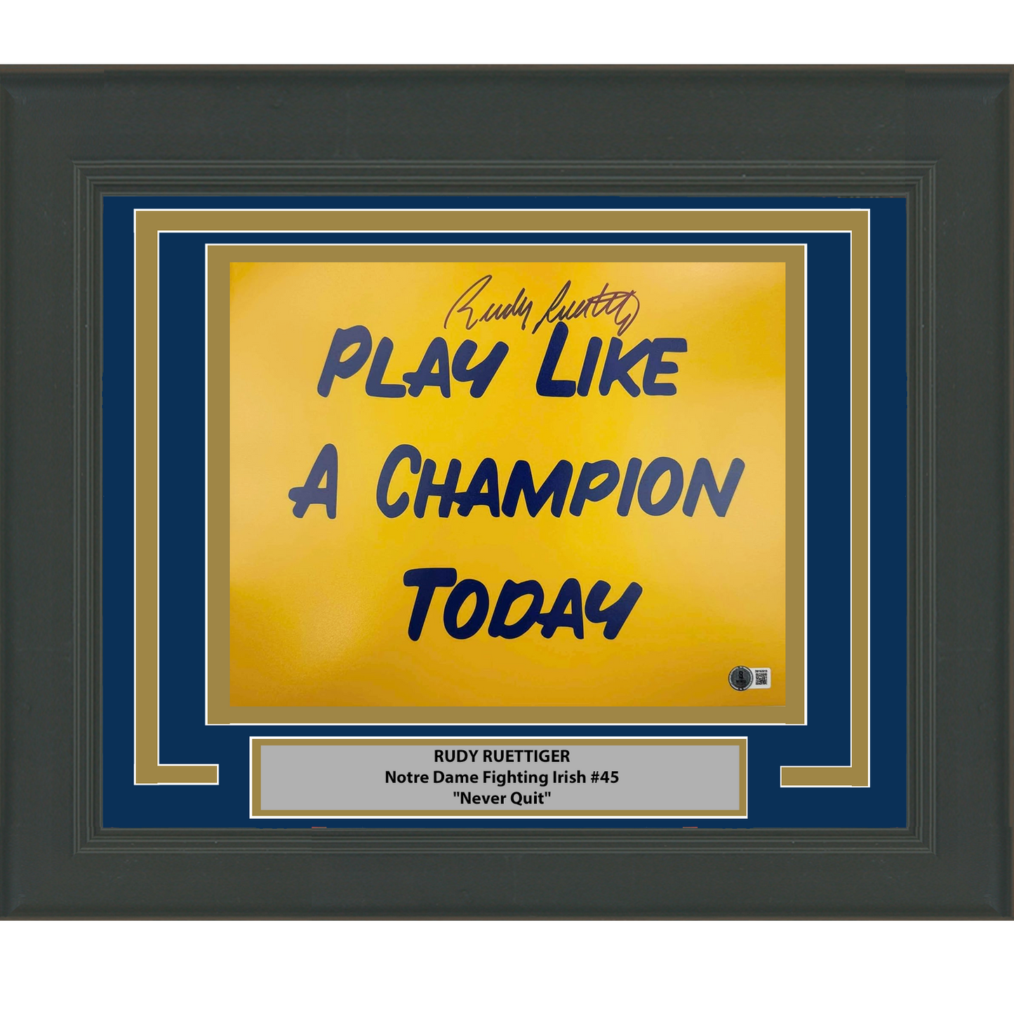 Framed Autographed/Signed Rudy Ruettiger Play Like A Champion Today Notre Dame Irish 11x14 College Football Photo Beckett BAS COA