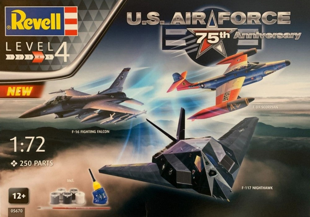 Revell 5670 1/72 F89, F117, F16 USAF Fighter 75th Anniversary w/paint & glue
